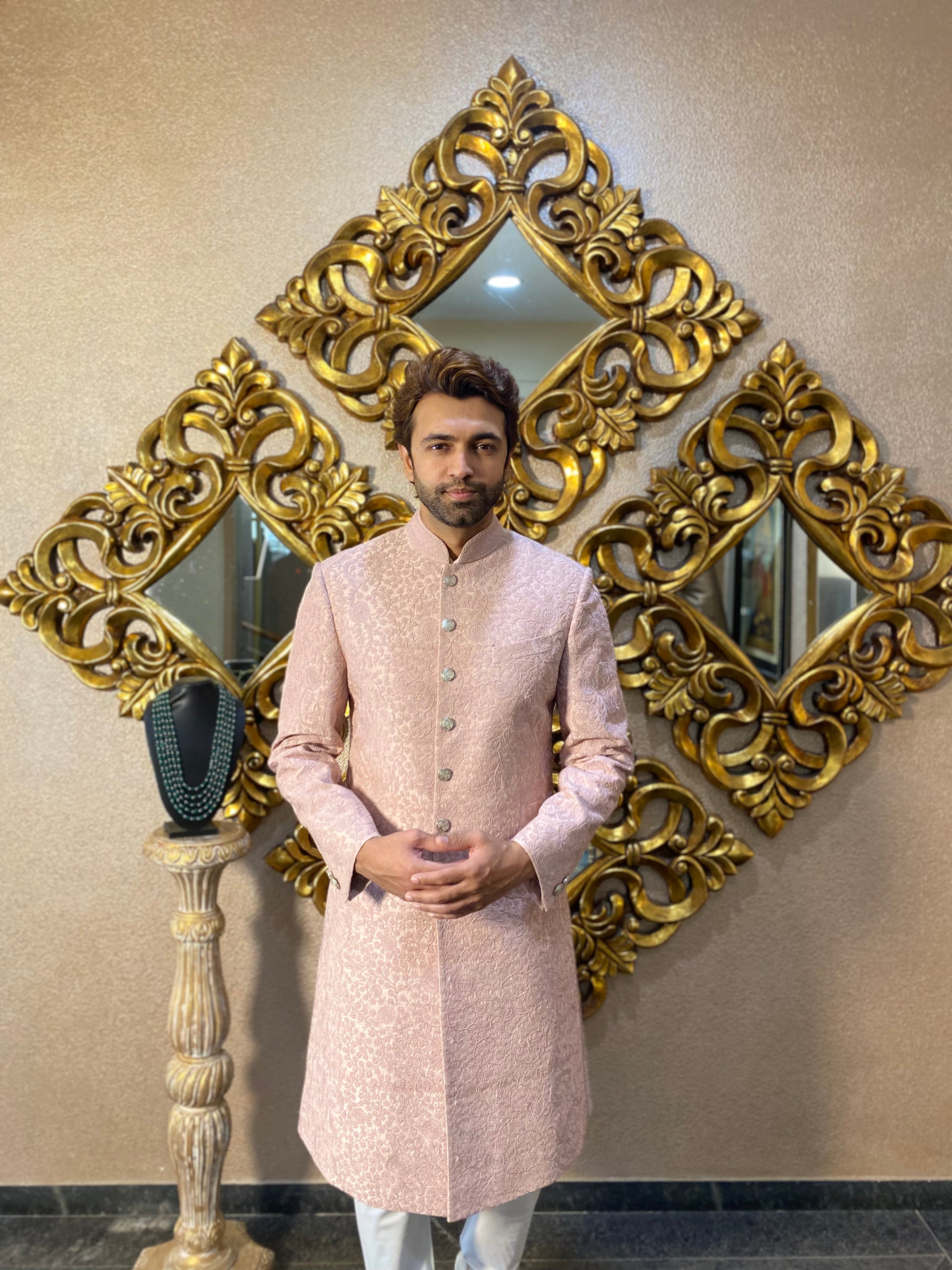Nude Pink Embroidered Sherwani Set