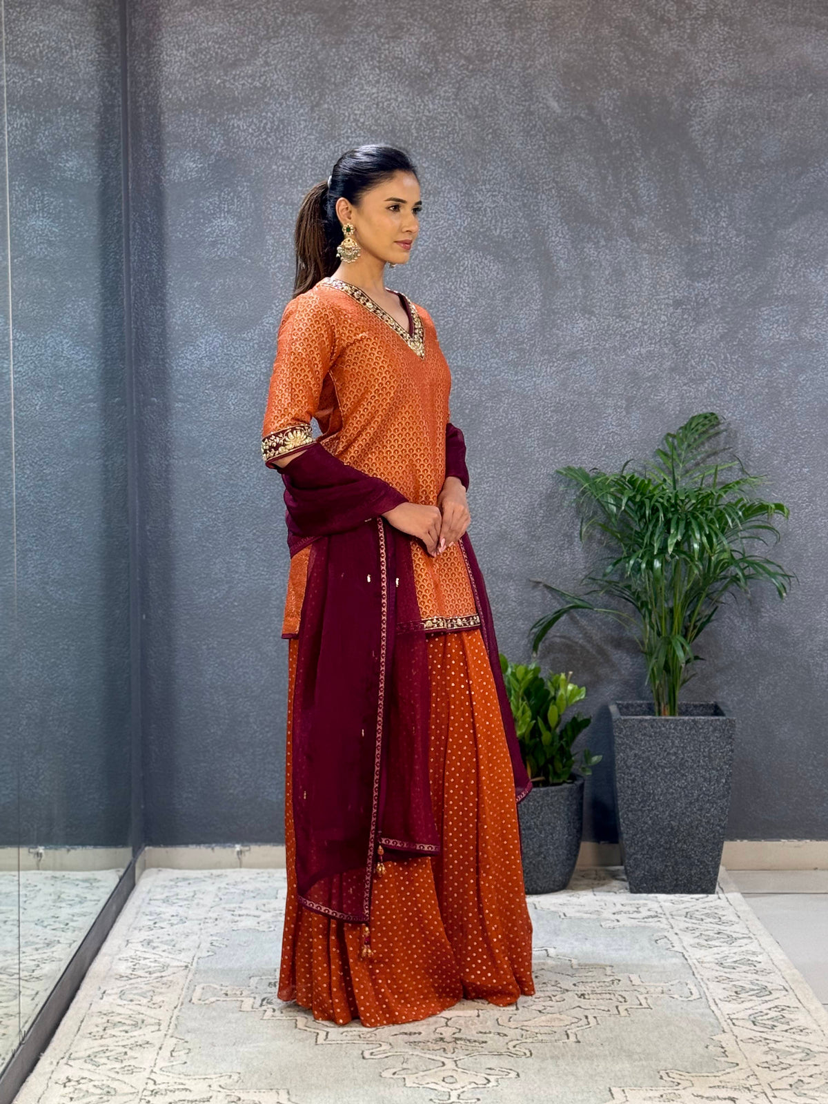 Rust orange zardozi embroidered kurta sharara set