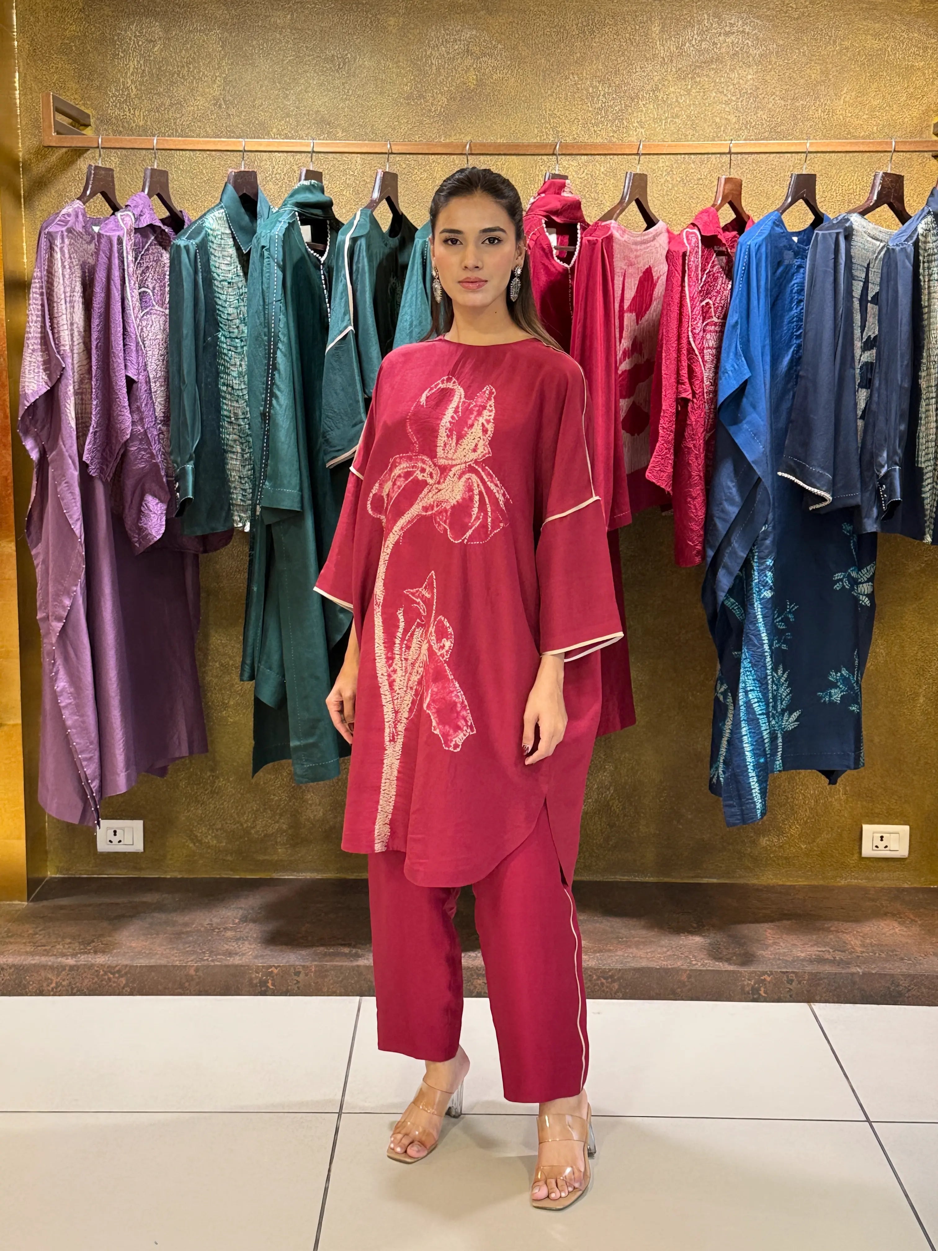 RED SILK SATIN SHIBORI PRINTED TUNIC SET