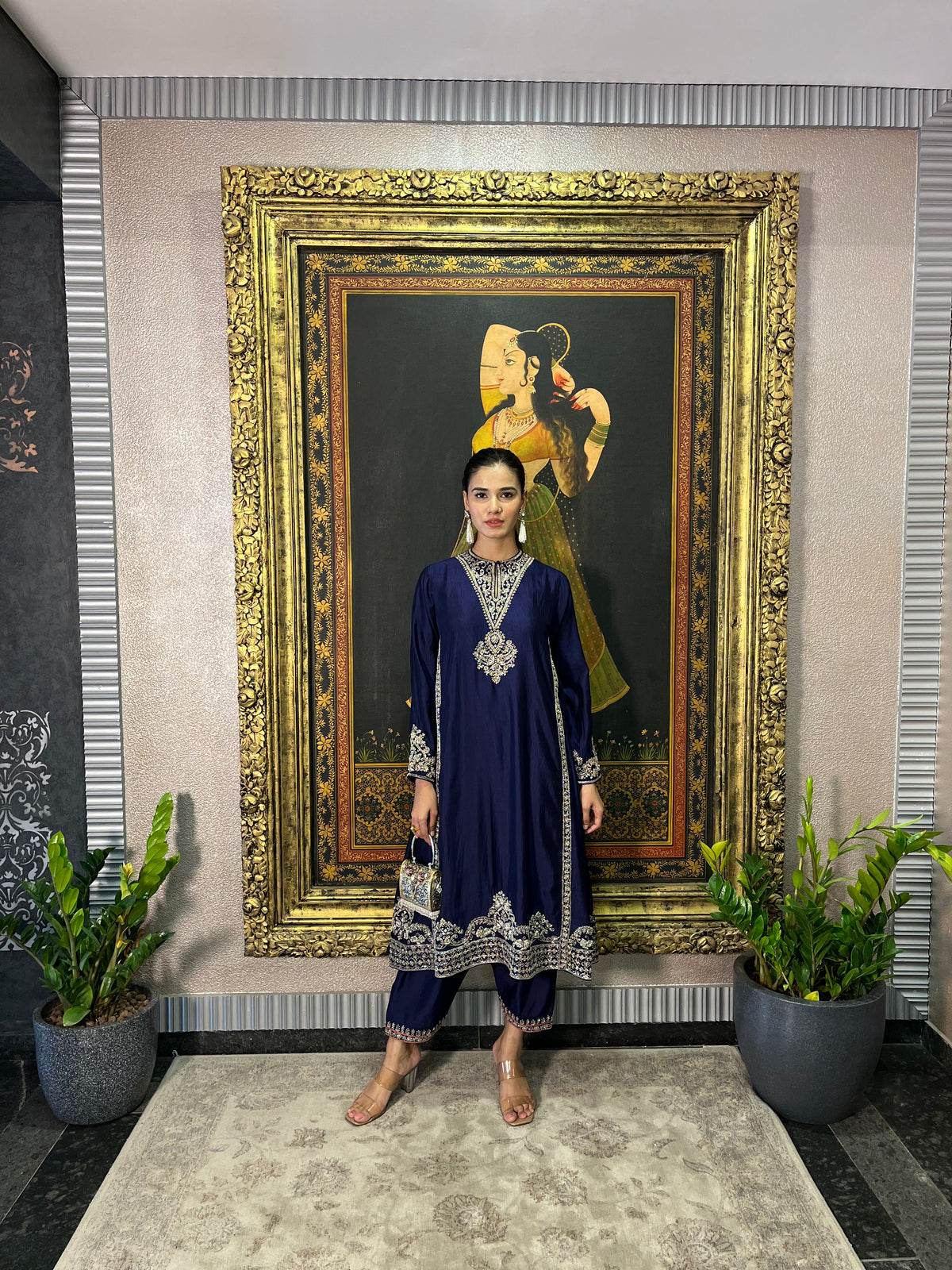 Navy blue embroidered kurta set
