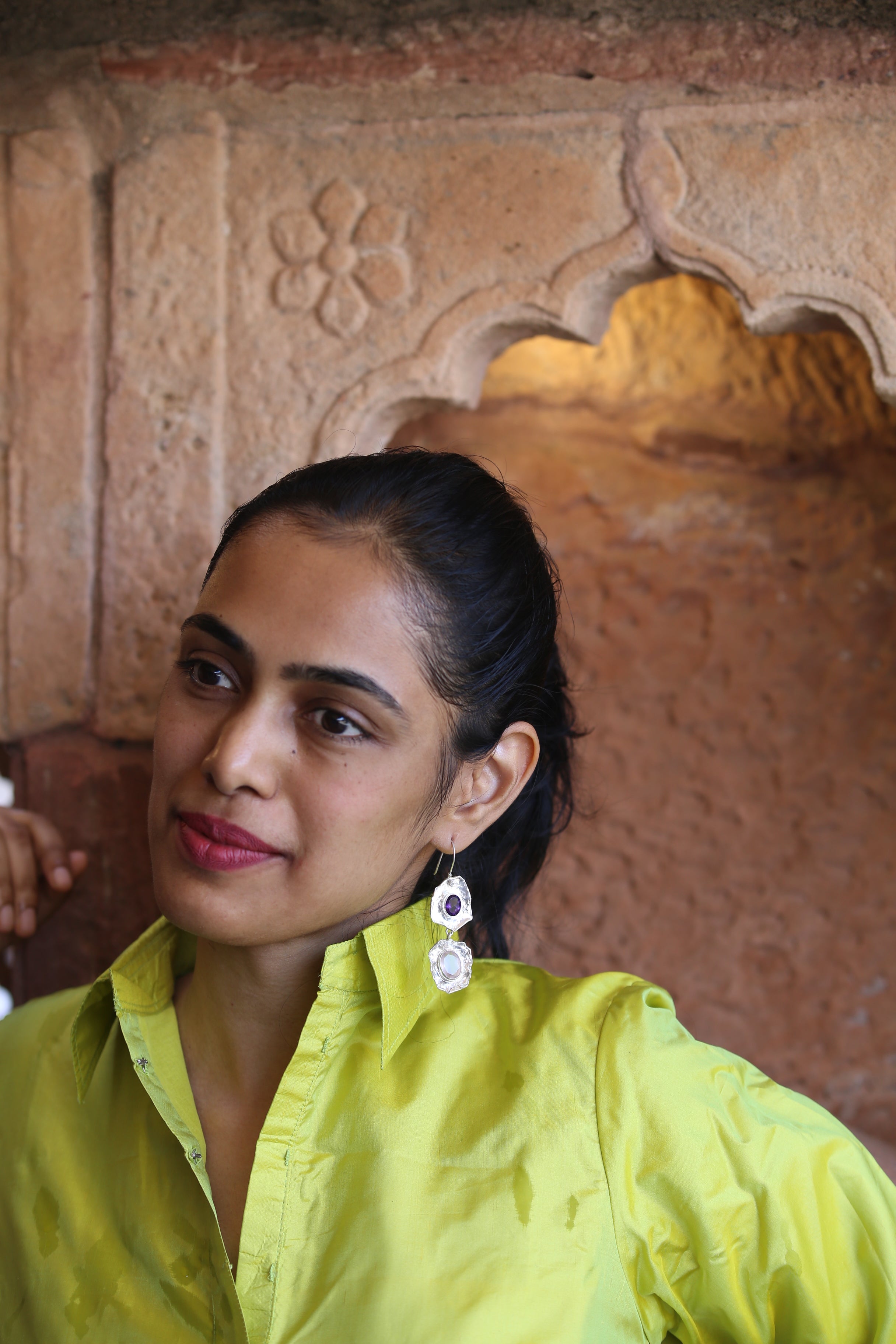 Twilight Bloom –  Dual-Stone Sculpted  Silver Earrings