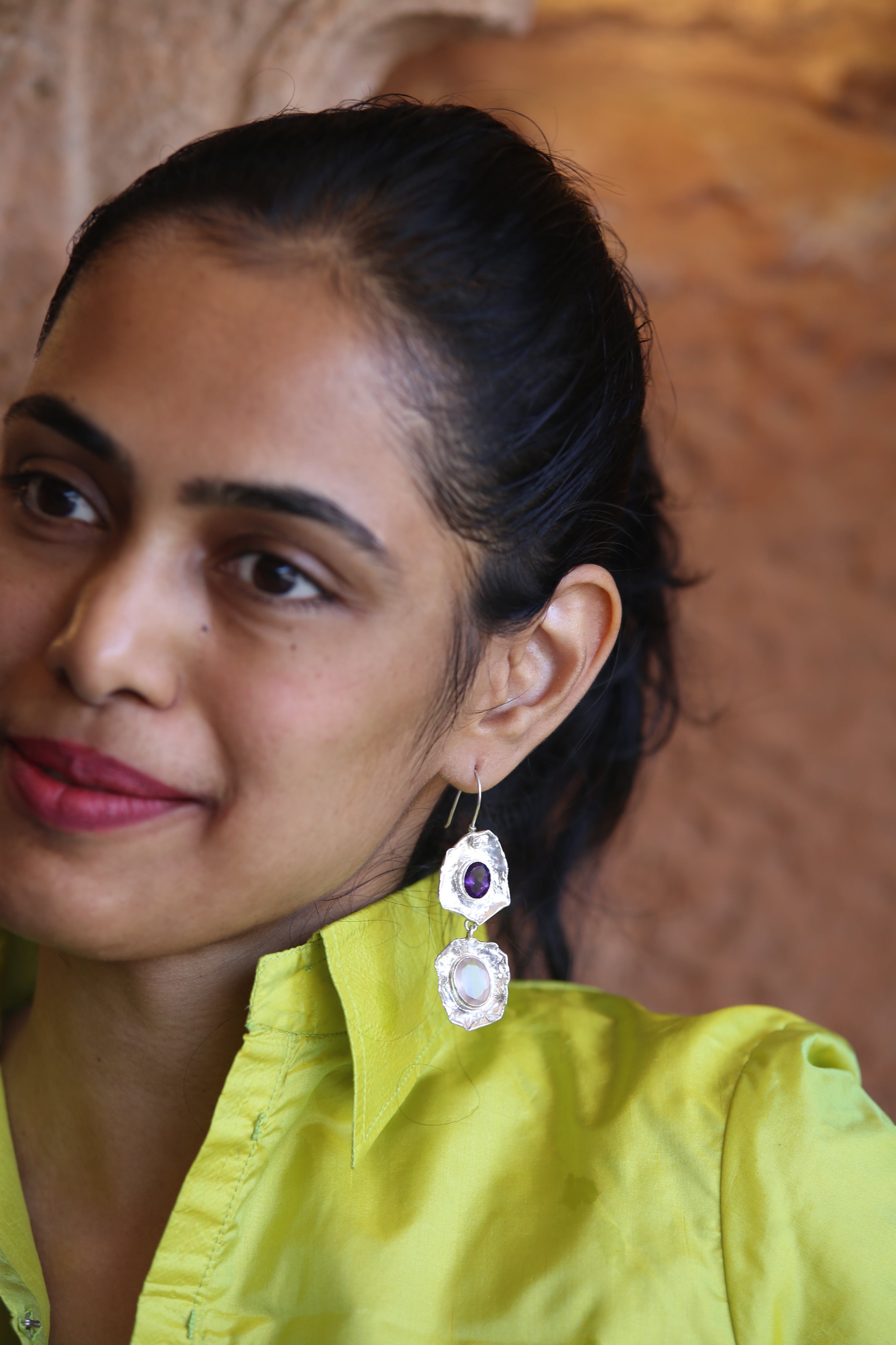 Twilight Bloom –  Dual-Stone Sculpted  Silver Earrings