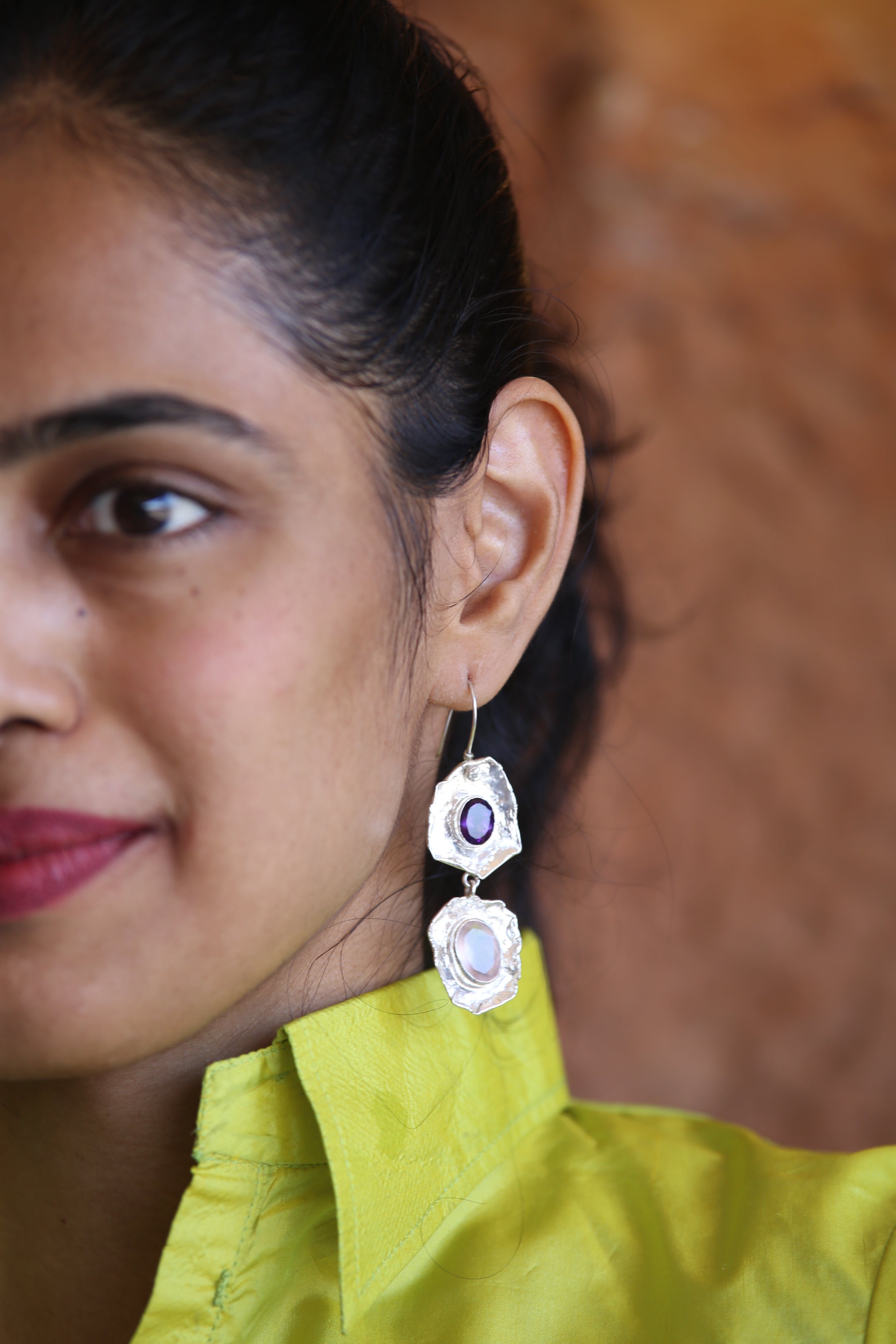 Twilight Bloom –  Dual-Stone Sculpted  Silver Earrings