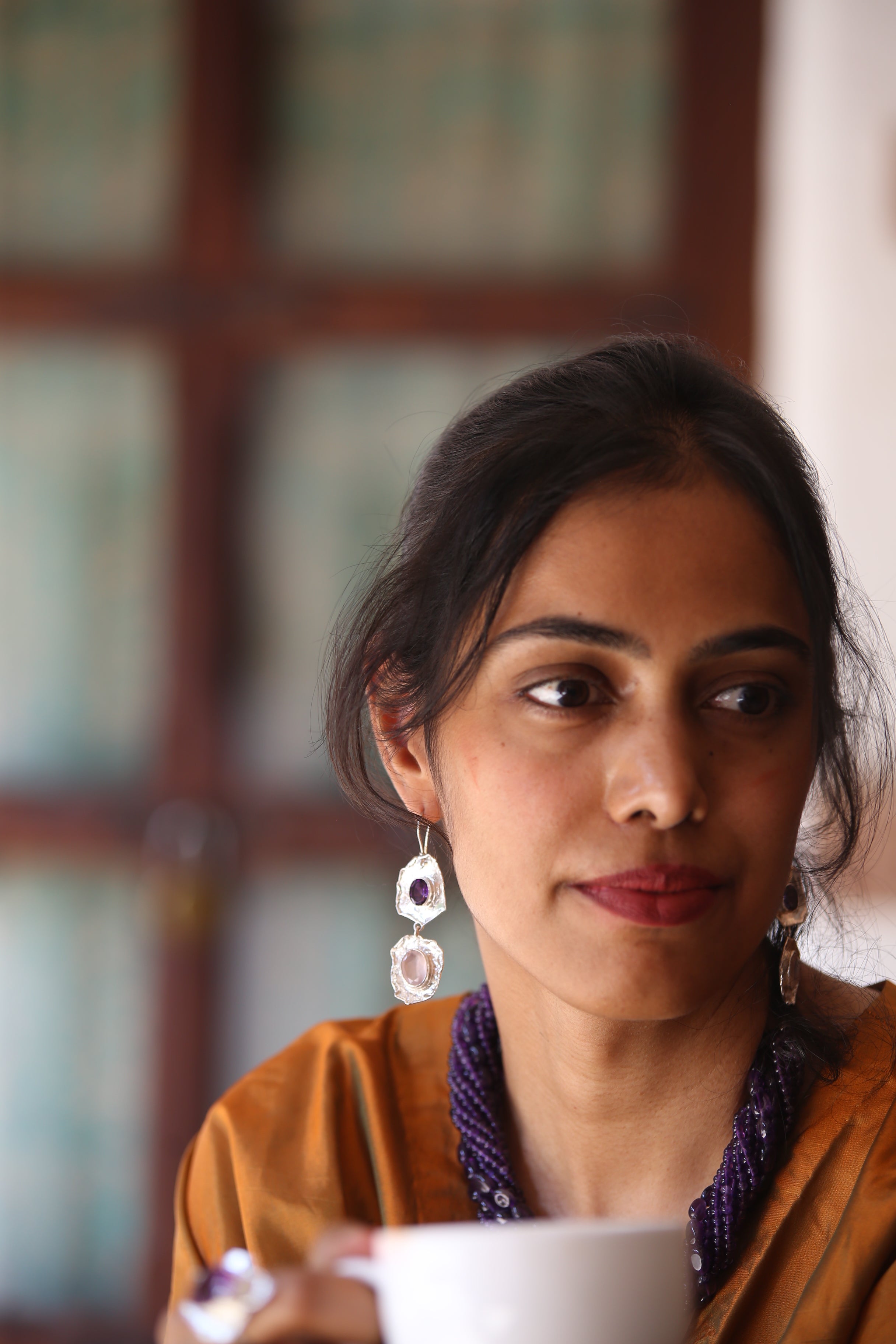 Twilight Bloom –  Dual-Stone Sculpted  Silver Earrings