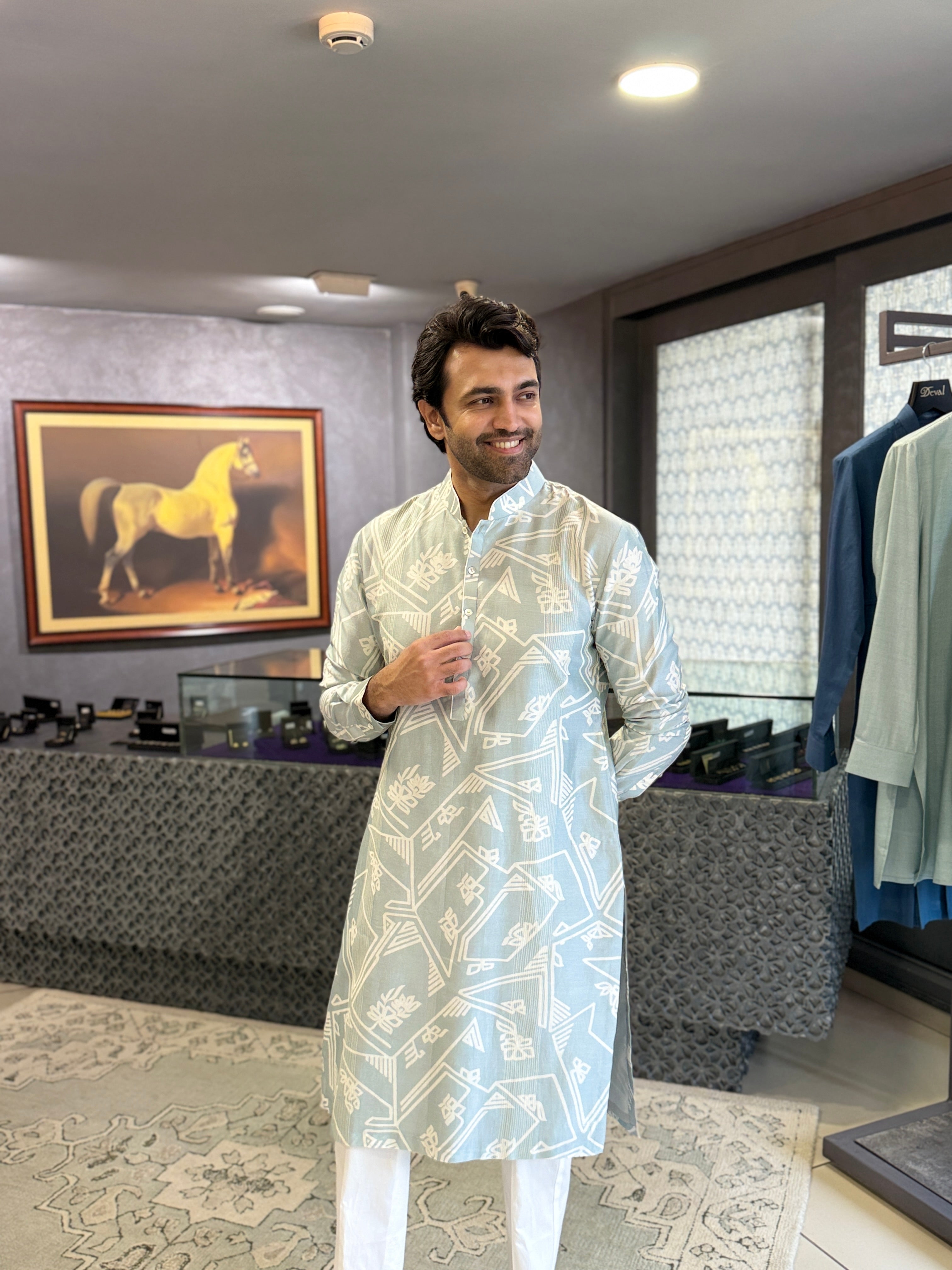 Shadow Block Sky Blue Kurta Set