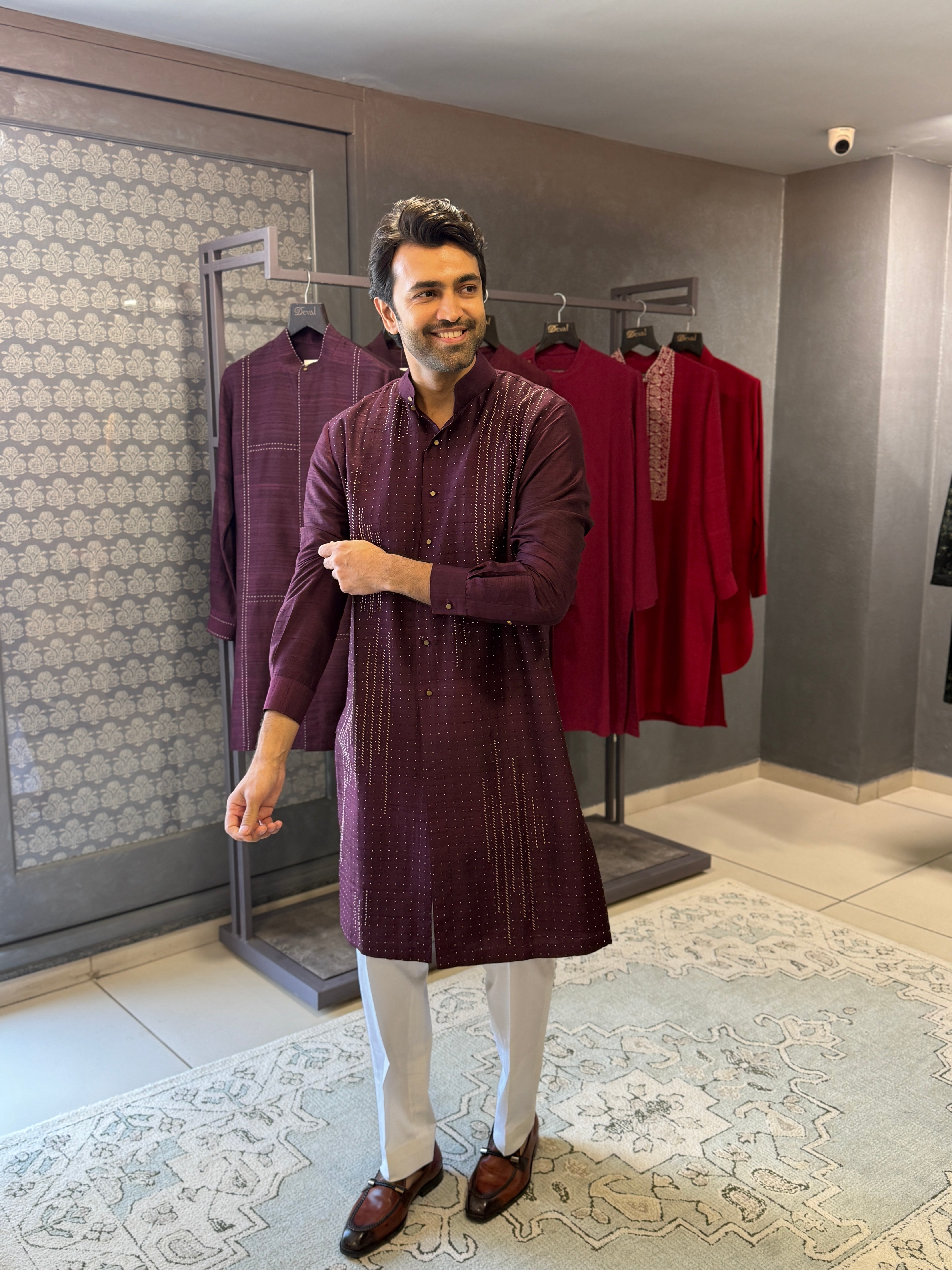 Plum Kantha Work Kurta Set