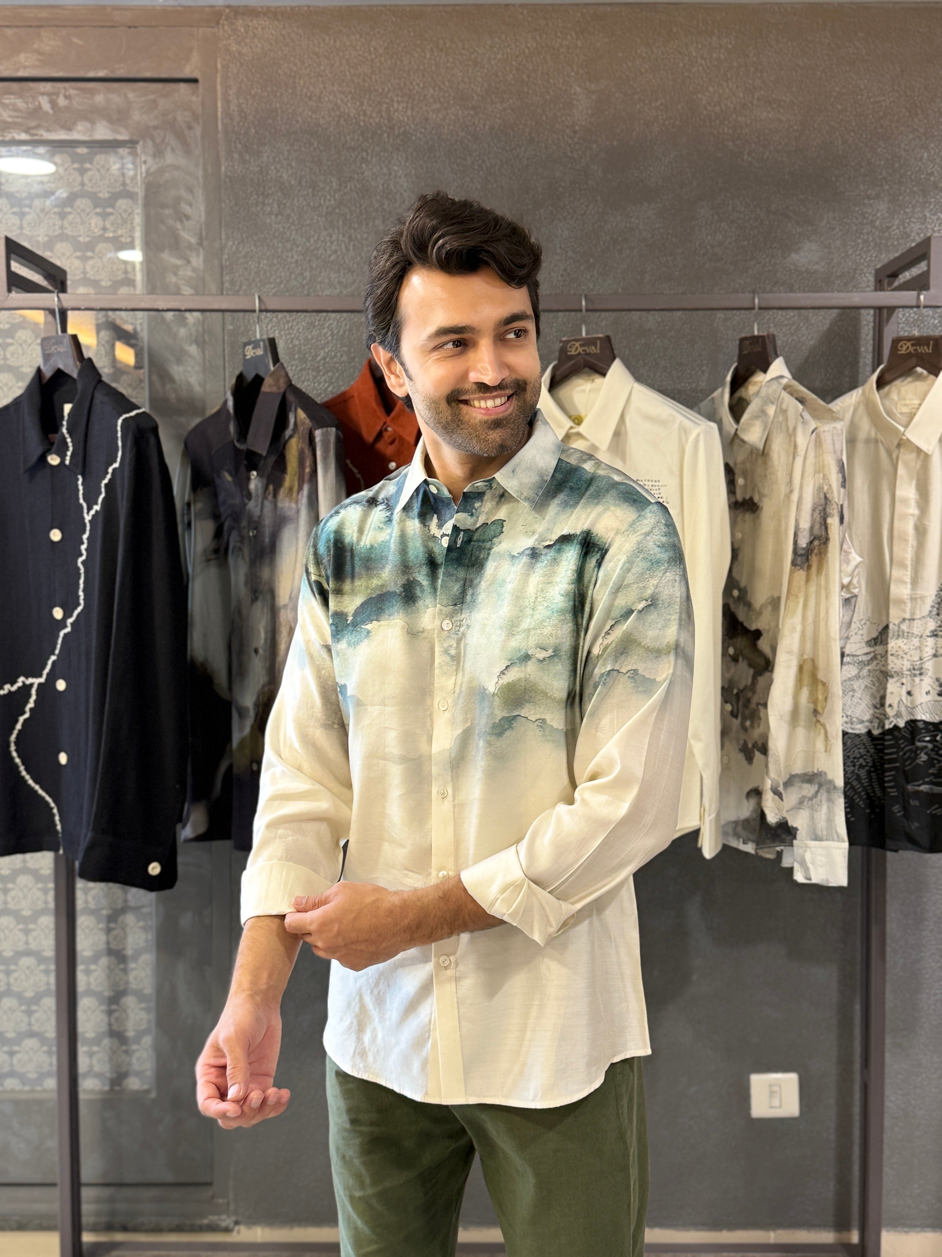 Camouflaged Cloud Printed White/Blue Shirt