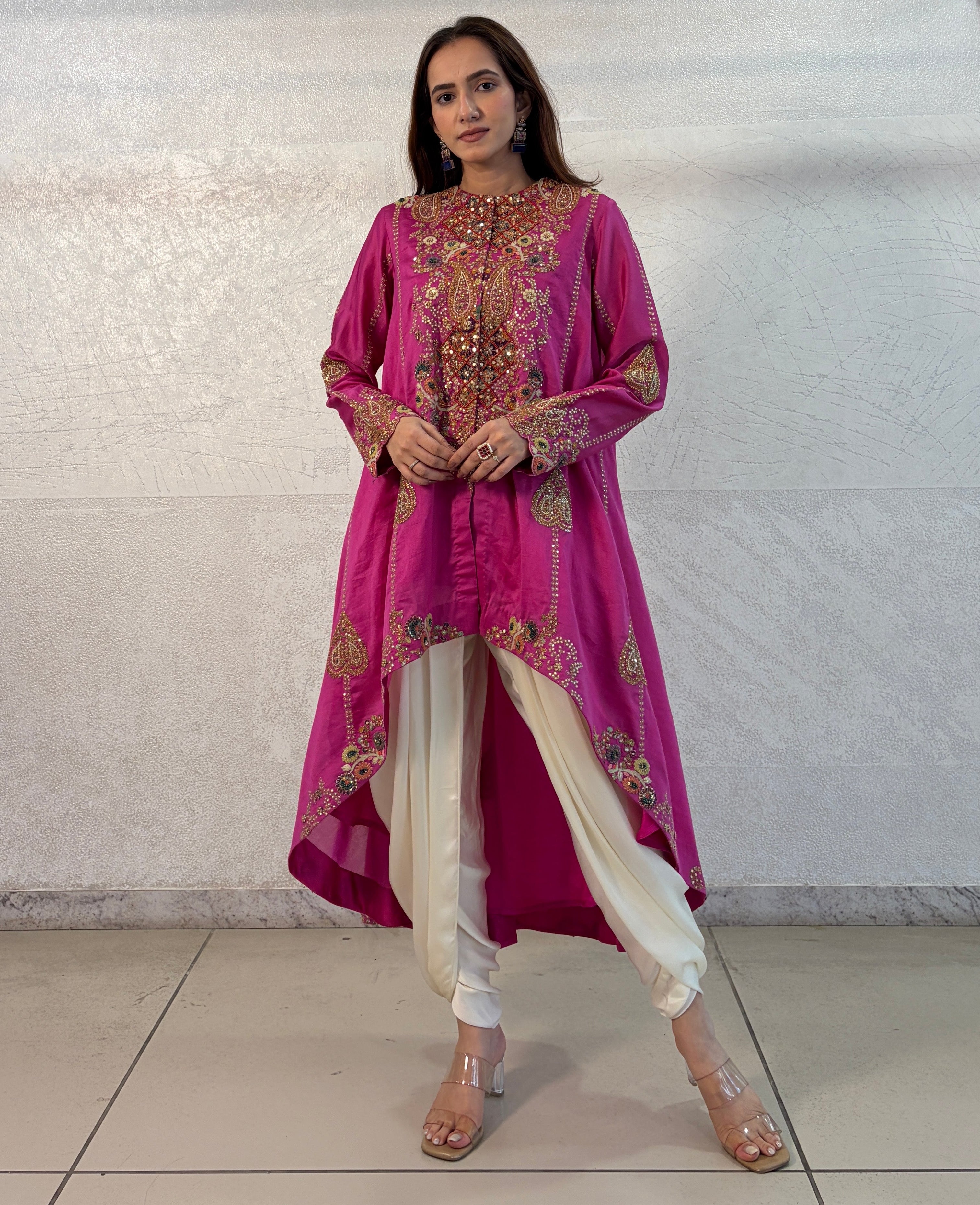 Fuchsia Chanderi Hand Embroidered Asymmetrical Kurta Set