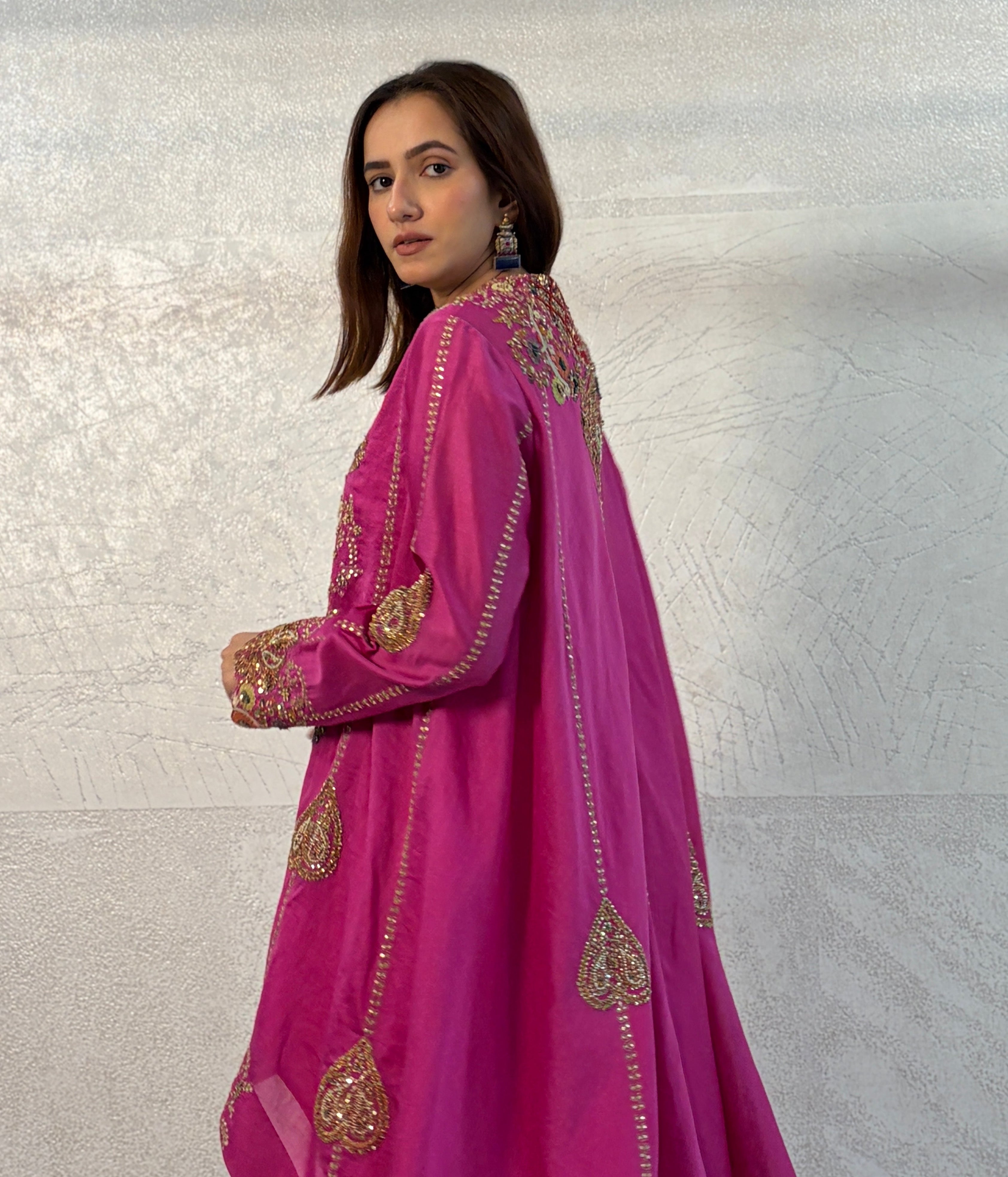 Fuchsia Chanderi Hand Embroidered Asymmetrical Kurta Set