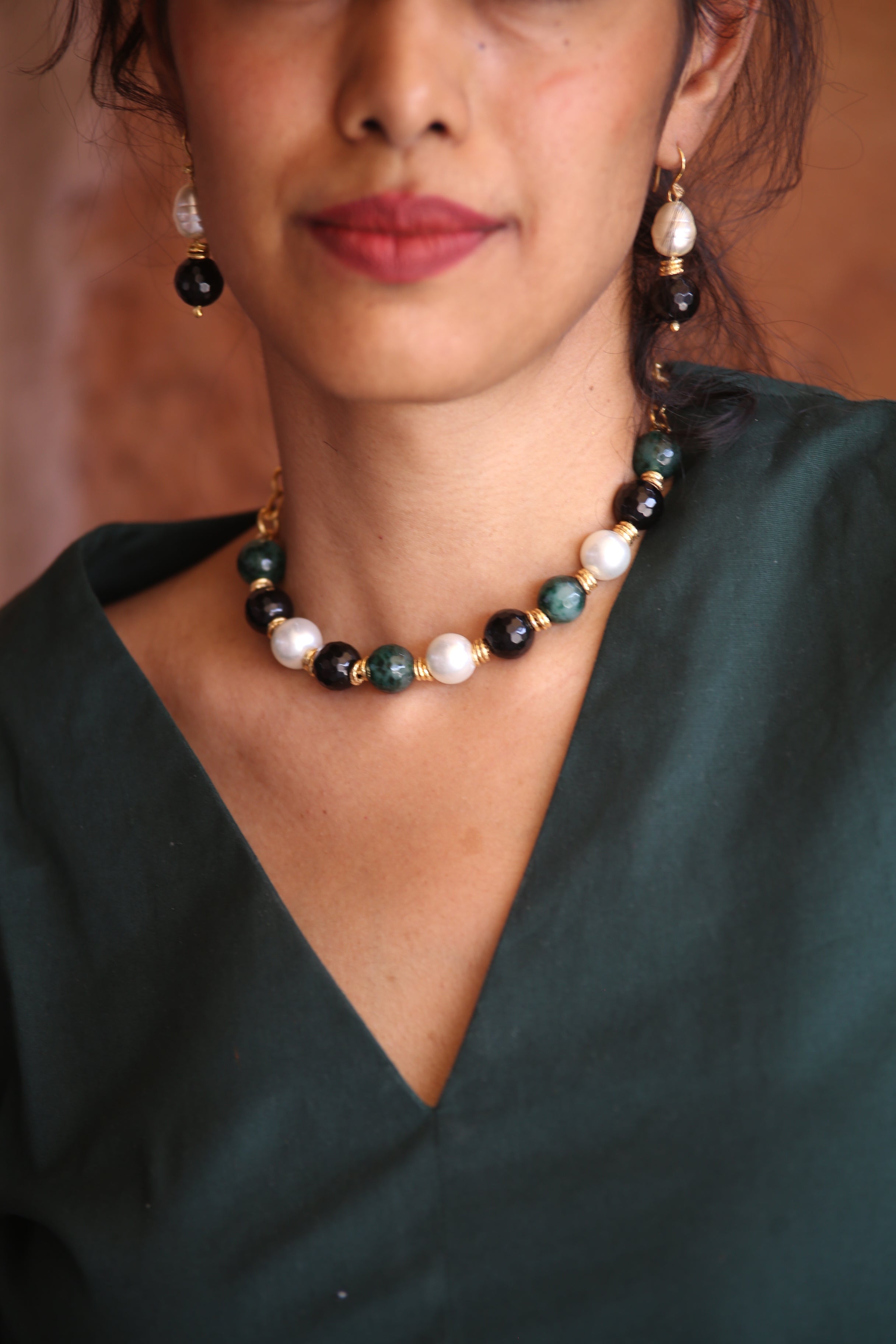 Forest Pearl Earrings  with Necklace