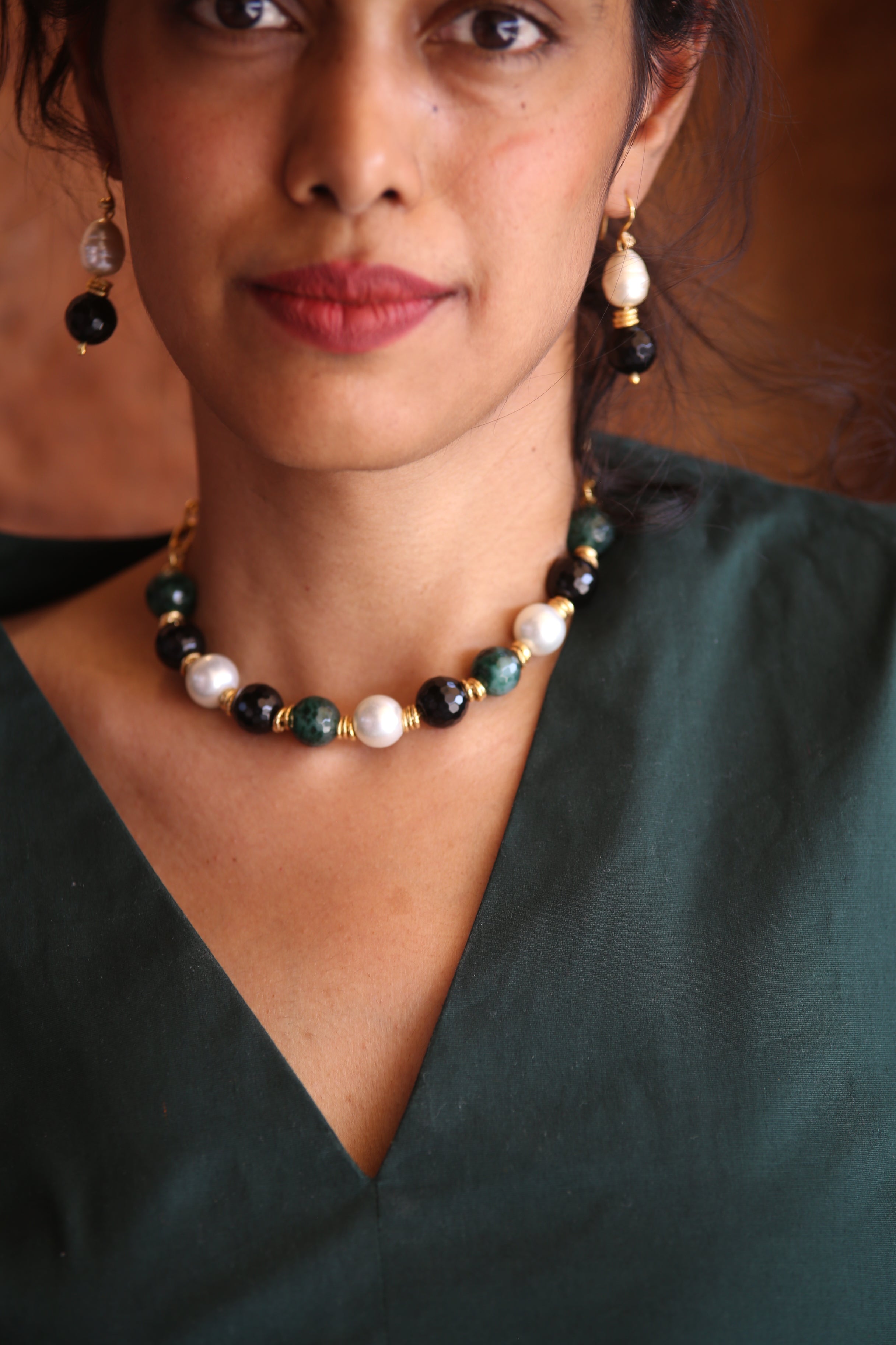 Forest Pearl Earrings  with Necklace