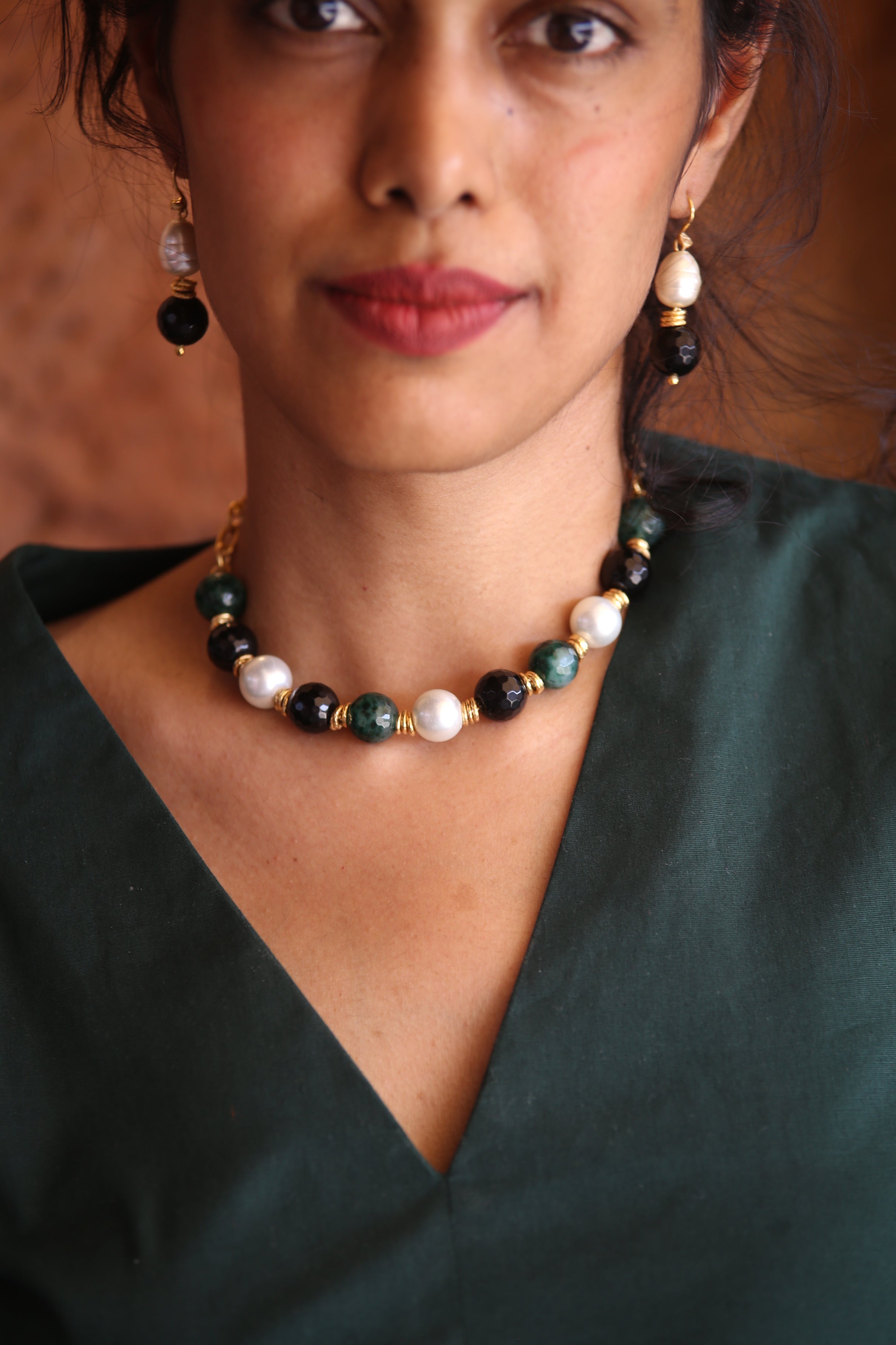 Forest Pearl Earrings  with Necklace