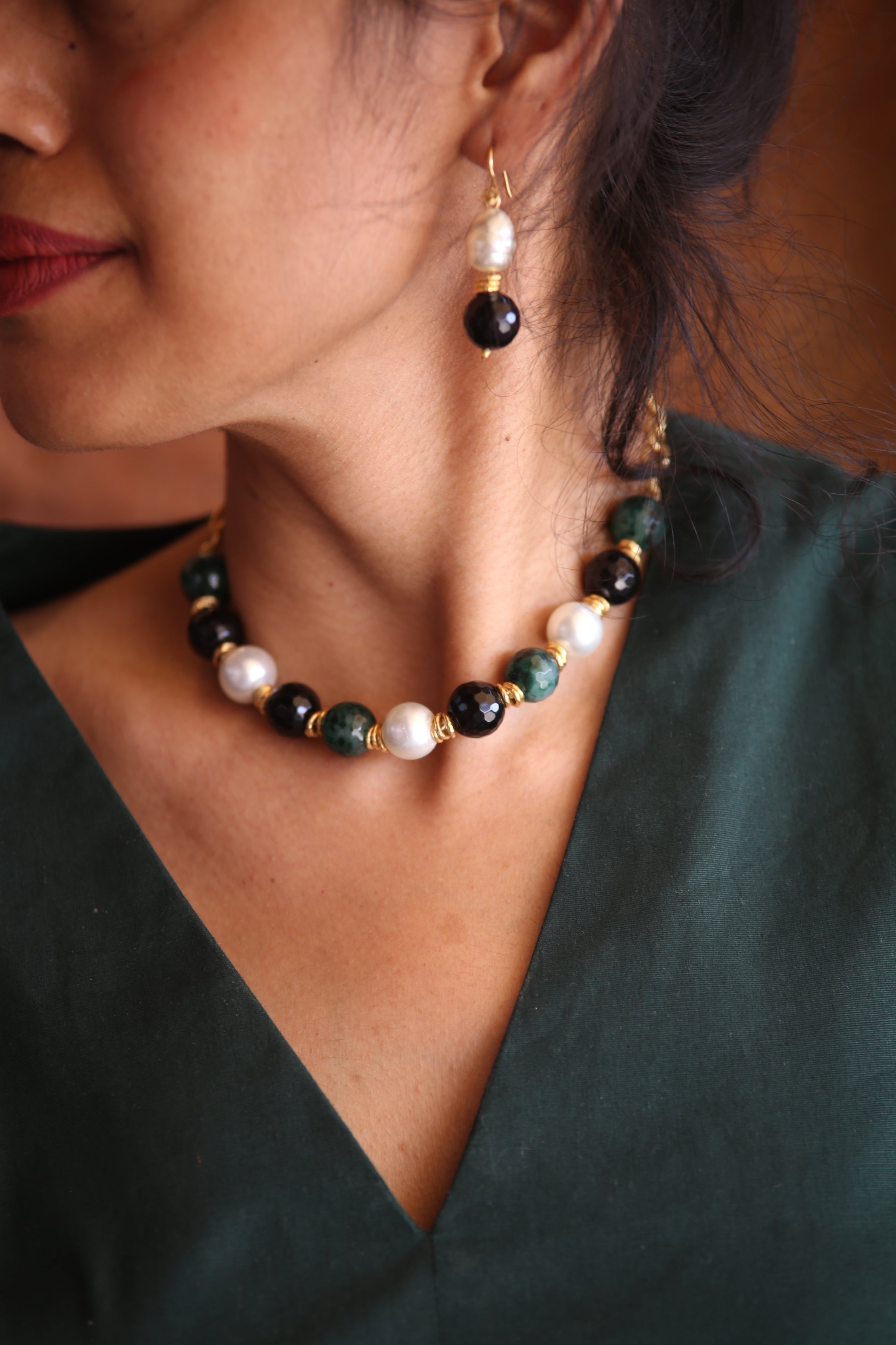 Forest Pearl Earrings  with Necklace
