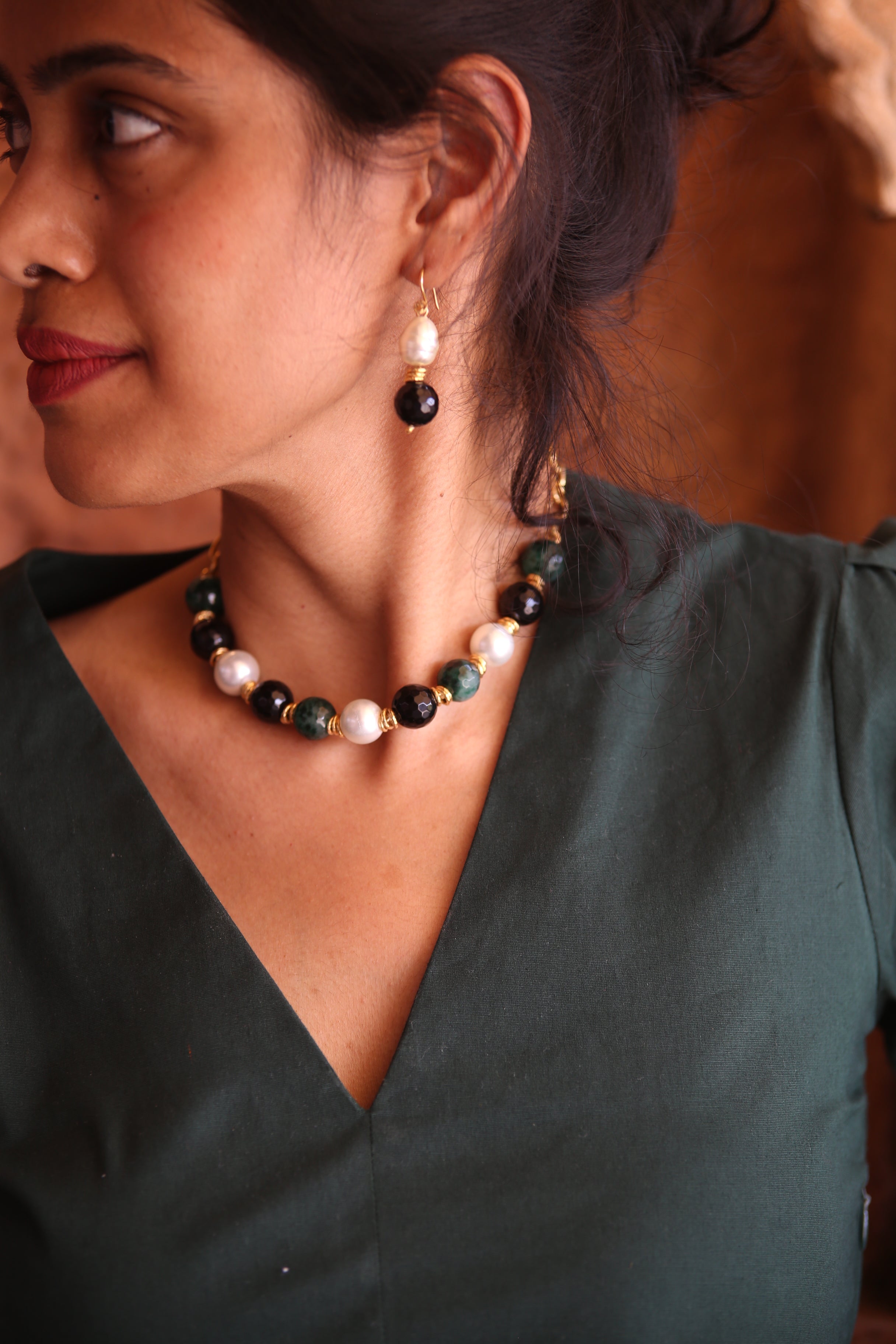 Forest Pearl Earrings  with Necklace