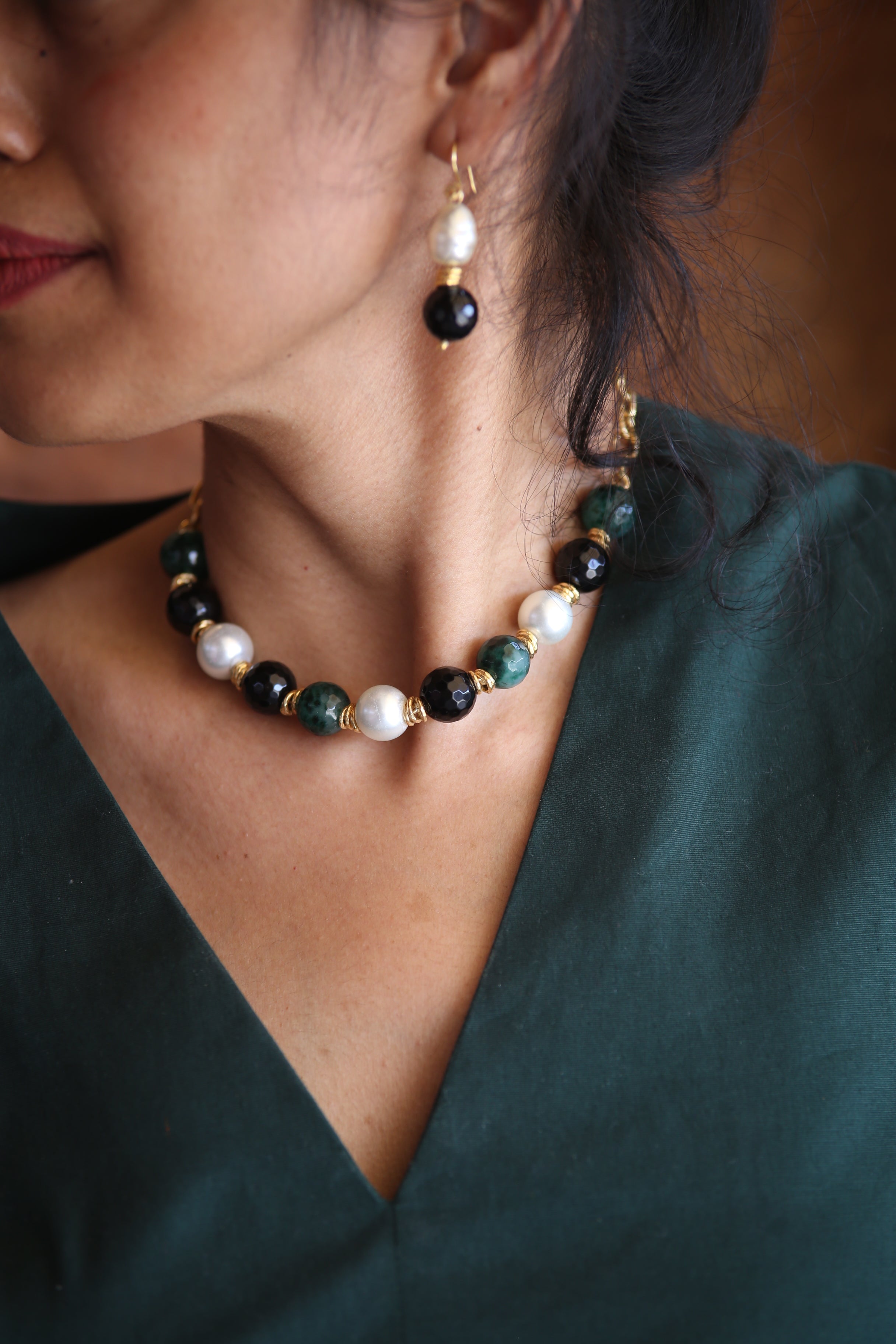 Forest Pearl Earrings  with Necklace