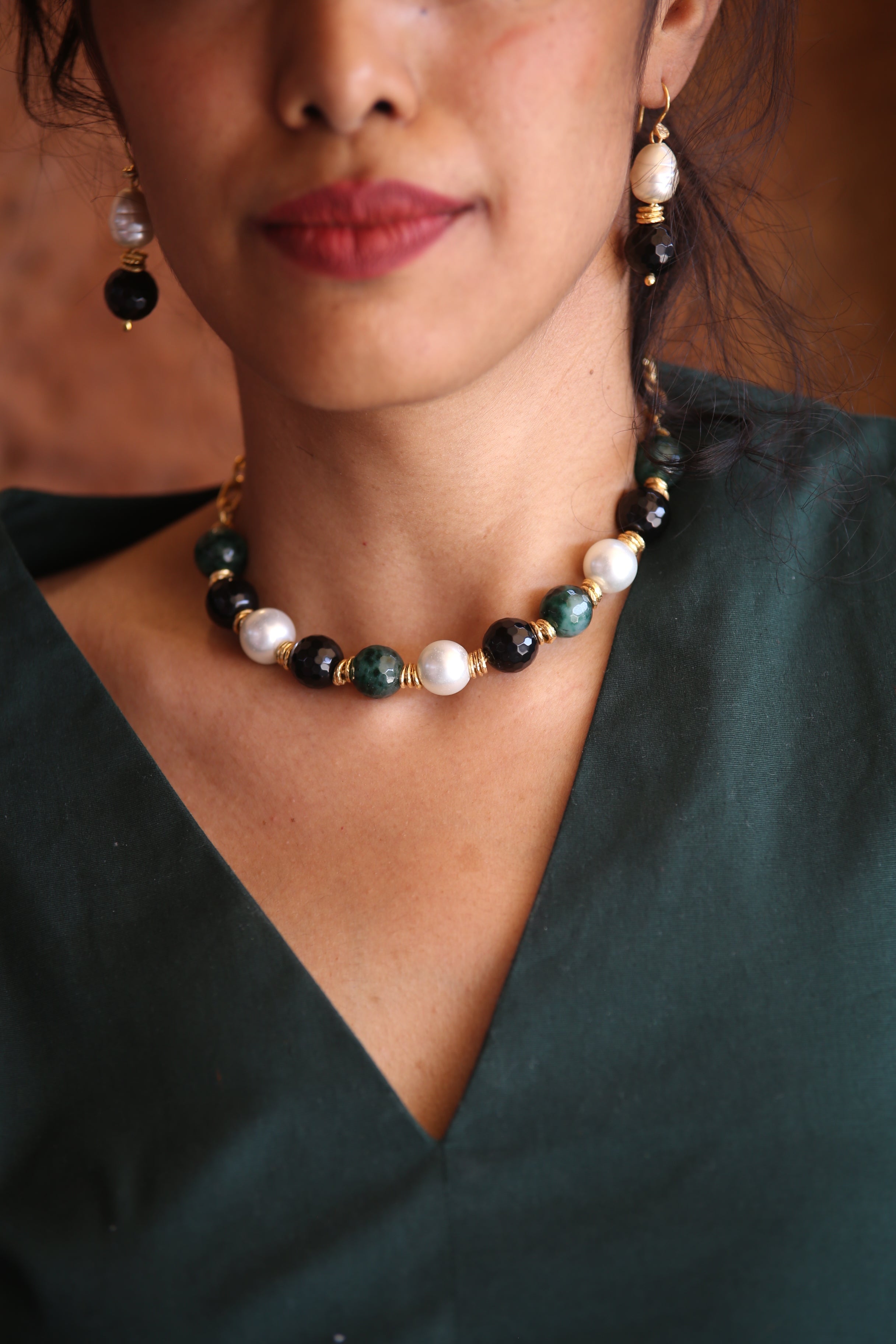 Forest Pearl Earrings  with Necklace