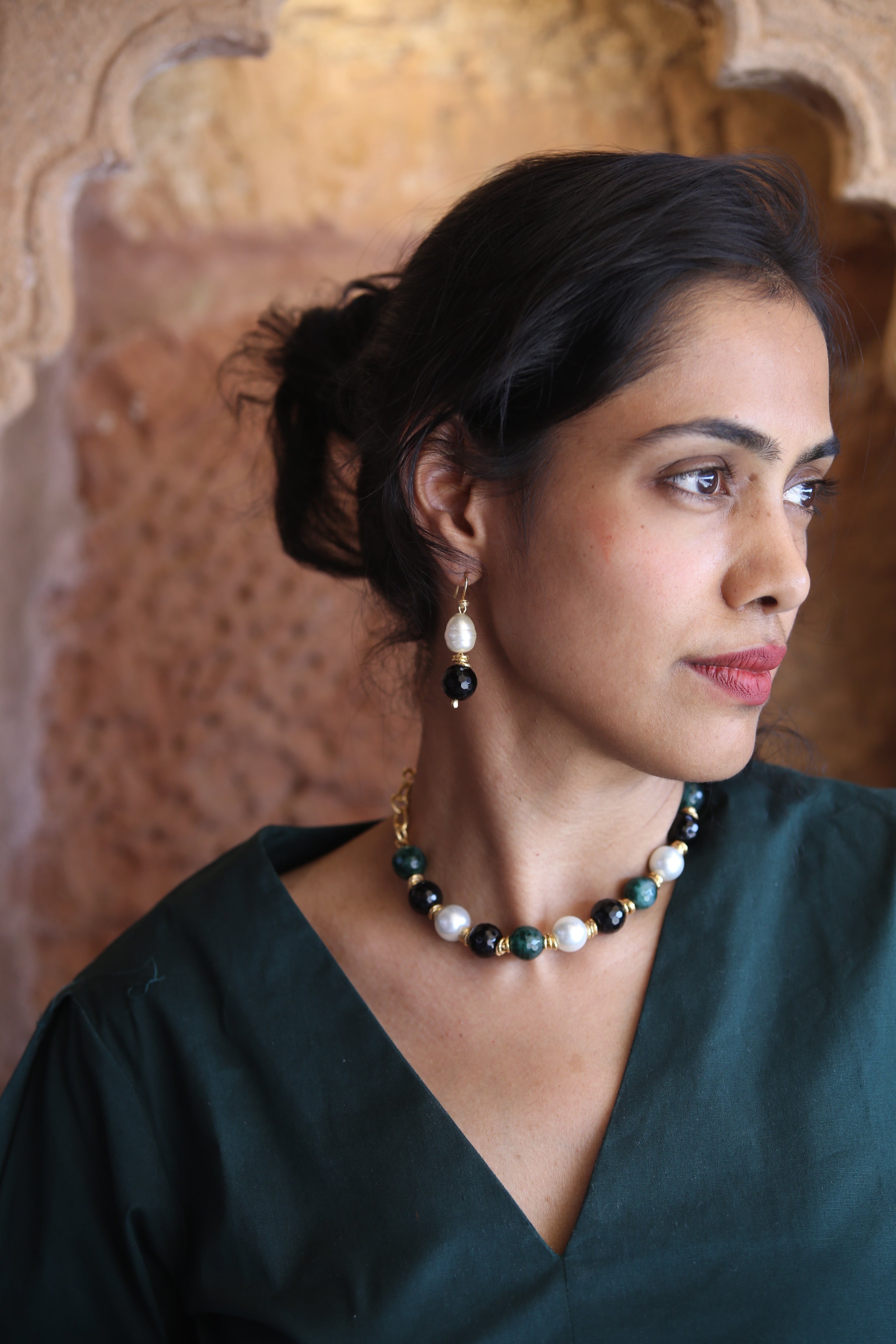 Forest Pearl Earrings  with Necklace