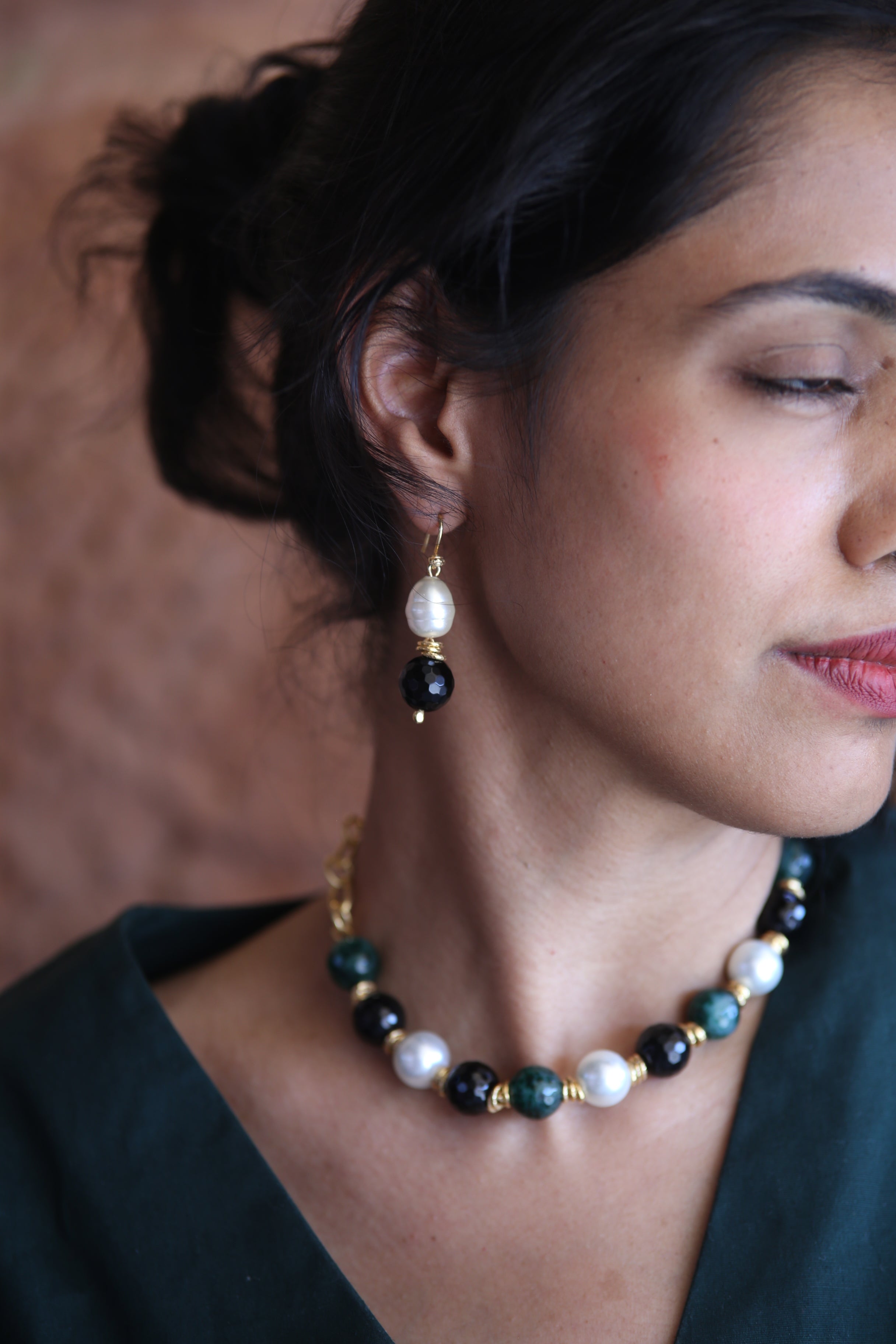 Forest Pearl Earrings  with Necklace