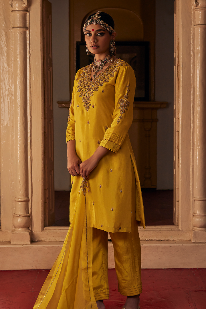 Luxurious Yellow Handwoven Silk Inika Kurta Pant Dupatta Set with Zardozi Embroidery