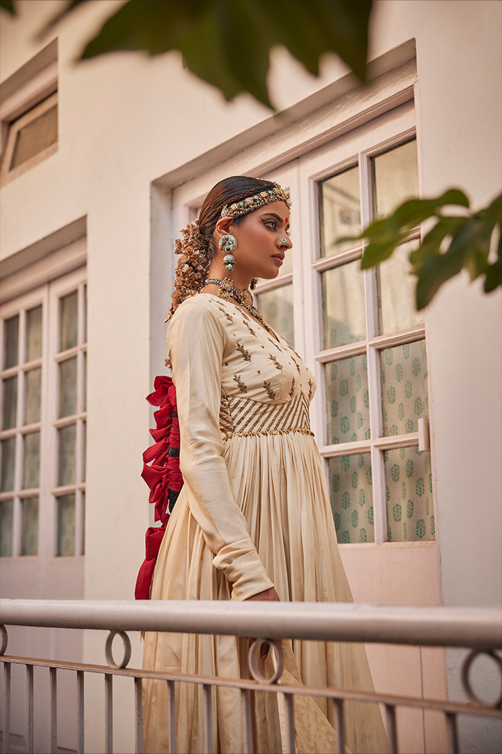 Ivory Silk Anarkali Suit Set with Embroidered Kurta and Tissue Dupatta