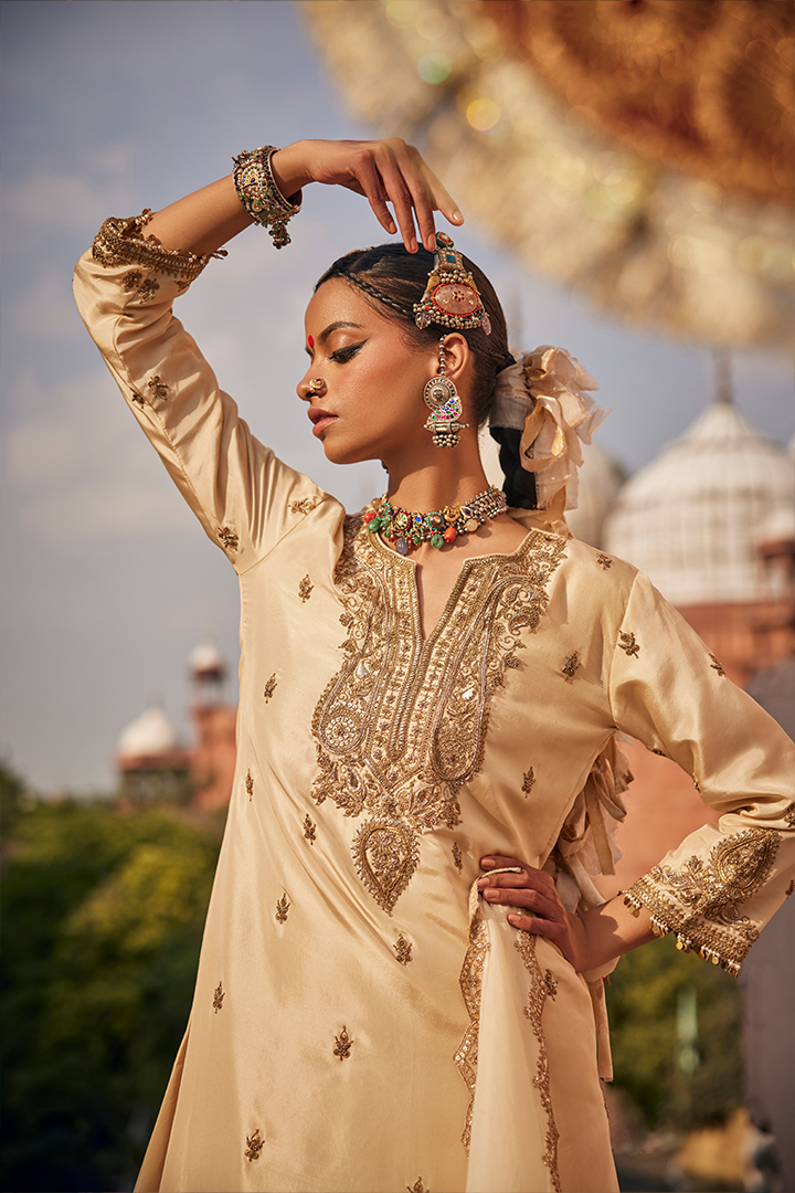 Exquisite Janya Ivory Handwoven Silk Kurta Sharara Dupatta Set Embroidered