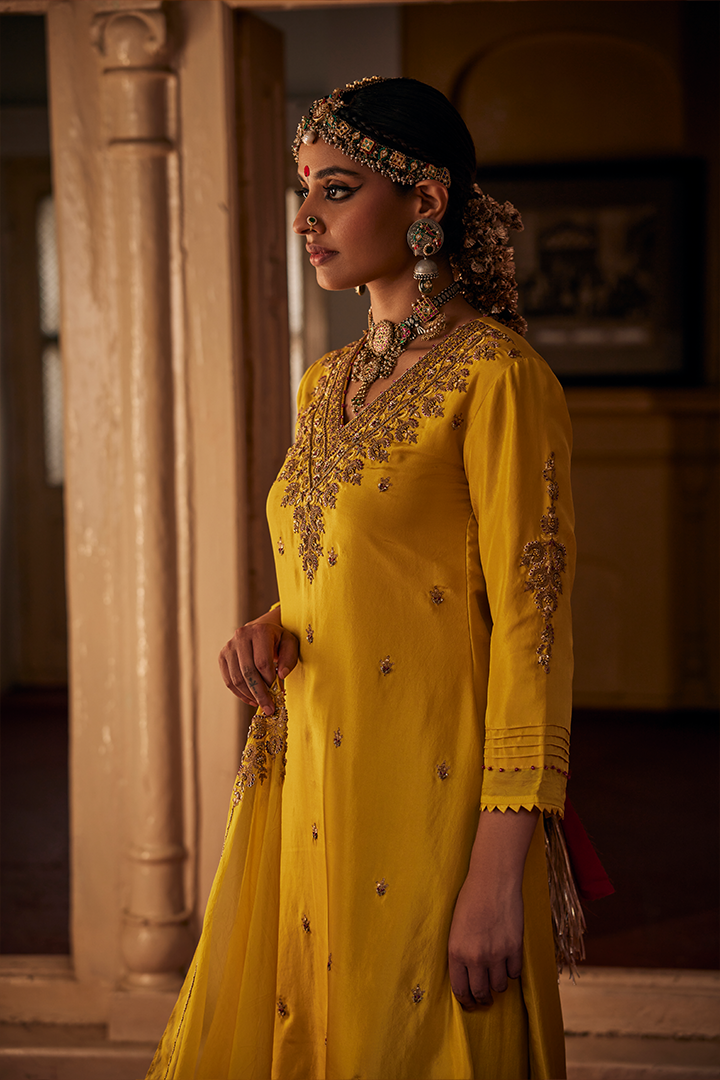 Luxurious Yellow Handwoven Silk Inika Kurta Pant Dupatta Set with Zardozi Embroidery