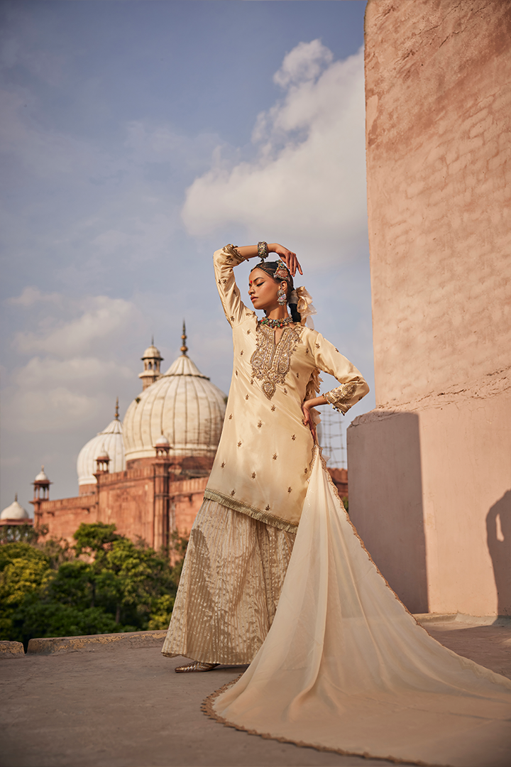Exquisite Janya Ivory Handwoven Silk Kurta Sharara Dupatta Set Embroidered