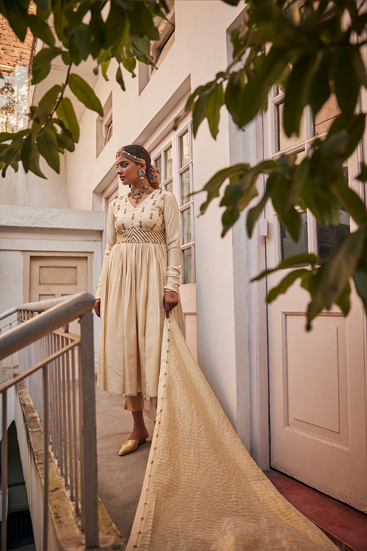 Ivory Silk Anarkali Suit Set with Embroidered Kurta and Tissue Dupatta