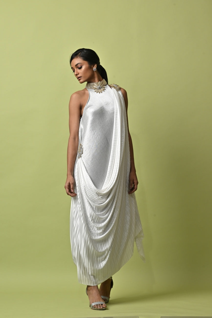 Ivory Pleated Draped Dress With Collar Detail