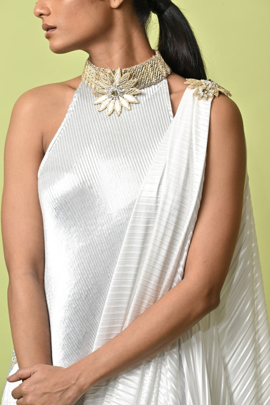 Ivory Pleated Draped Dress With Collar Detail