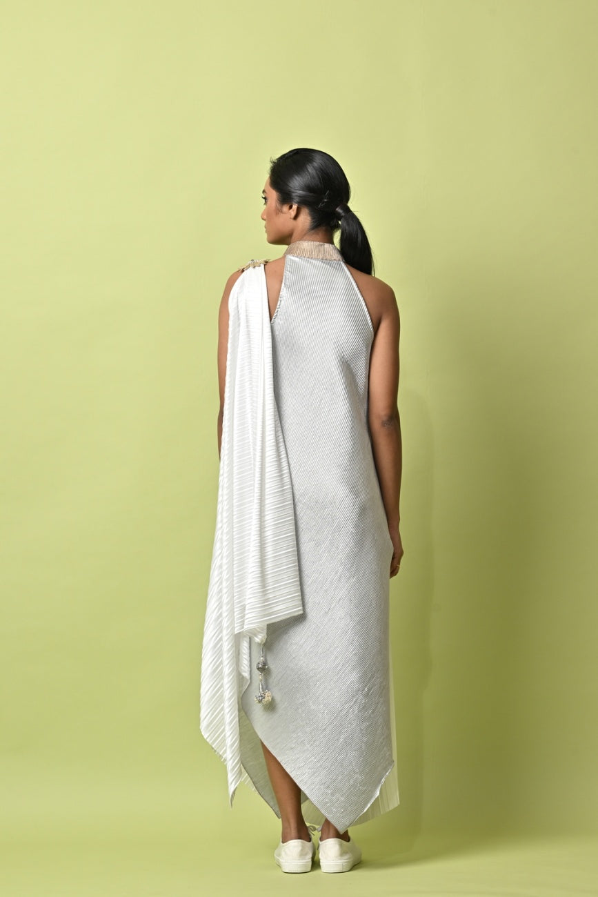 Ivory Pleated Draped Dress With Collar Detail