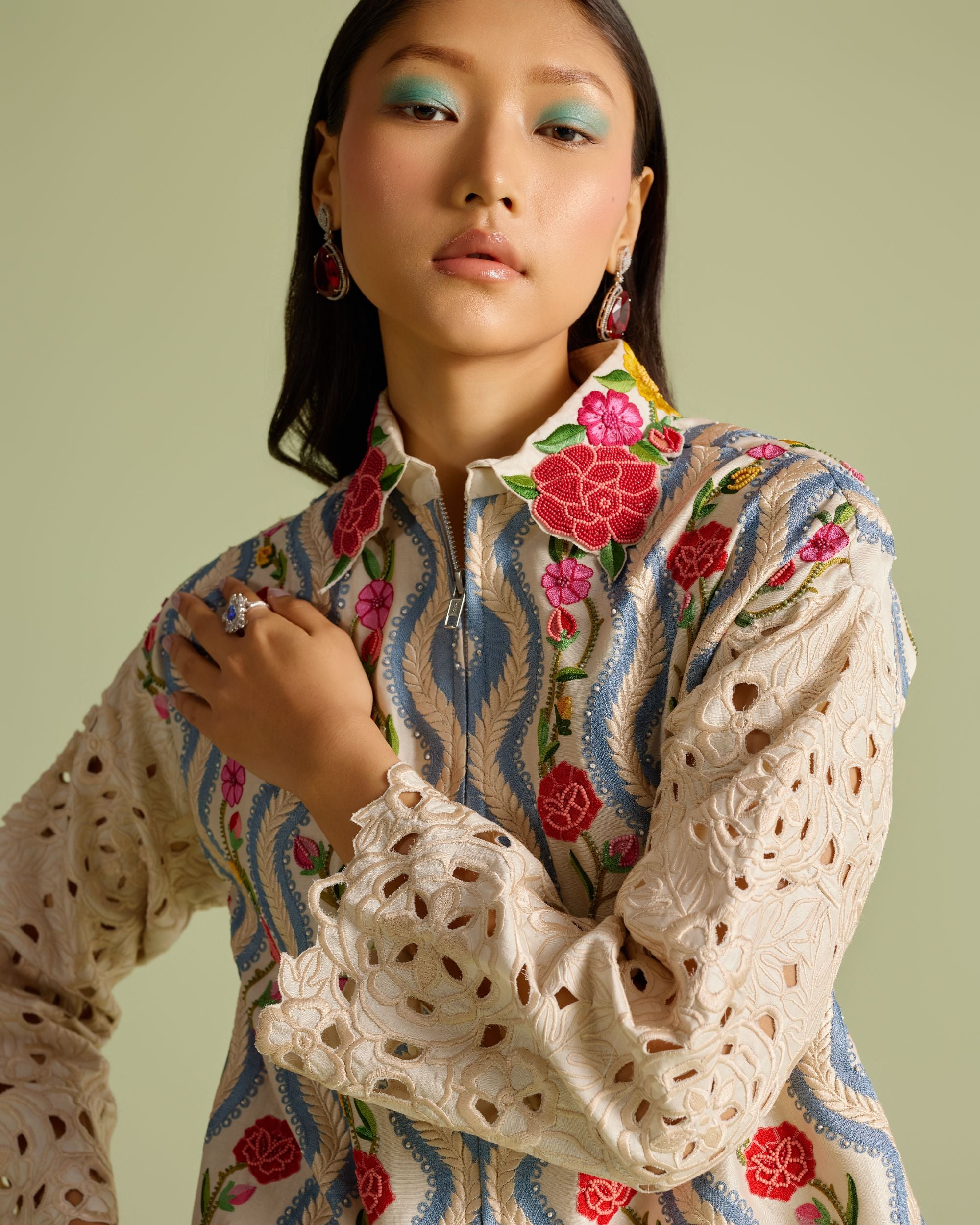 Ivory Striped Florals Short Jacket