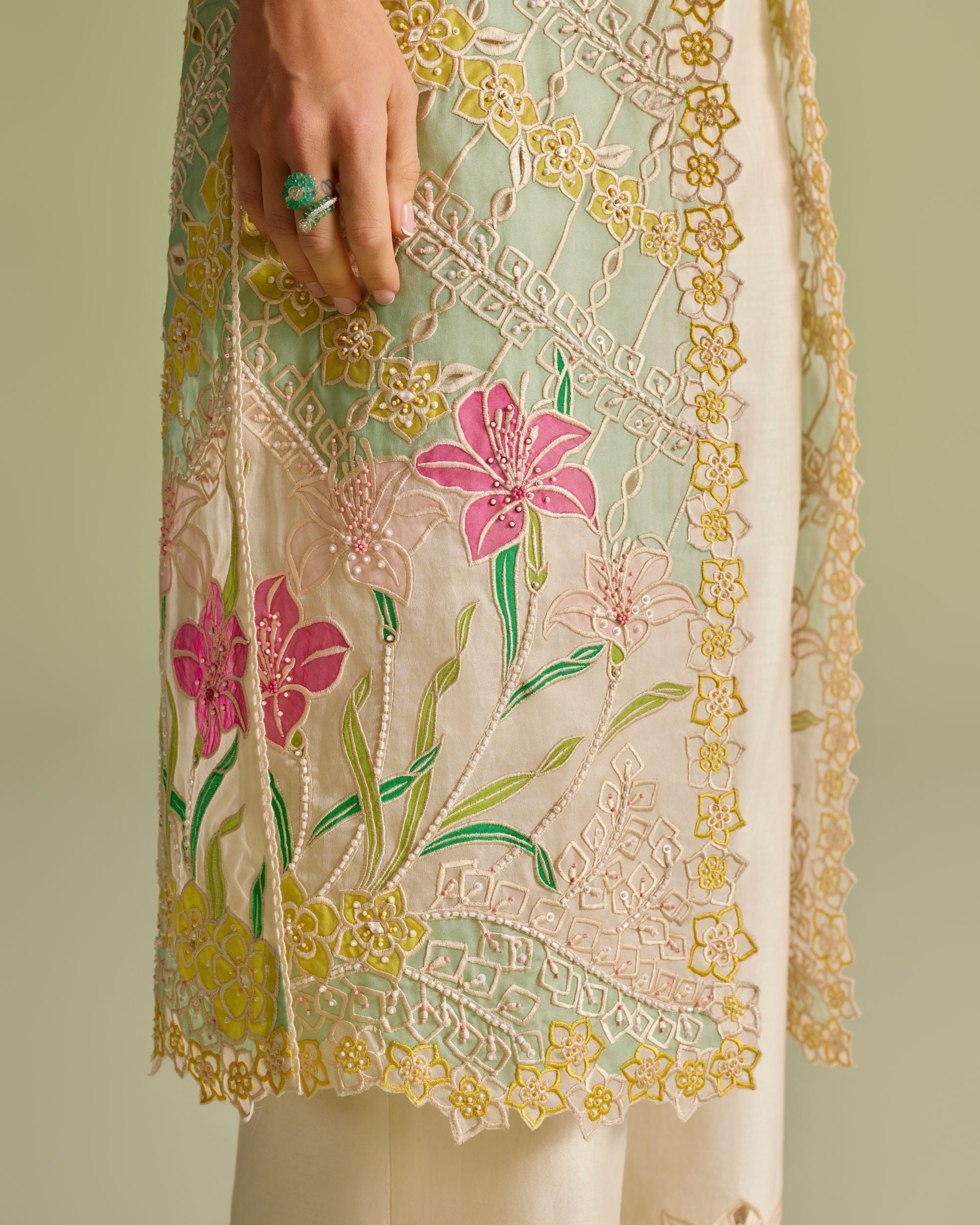Ivory & Aqua Applique Long Jacket