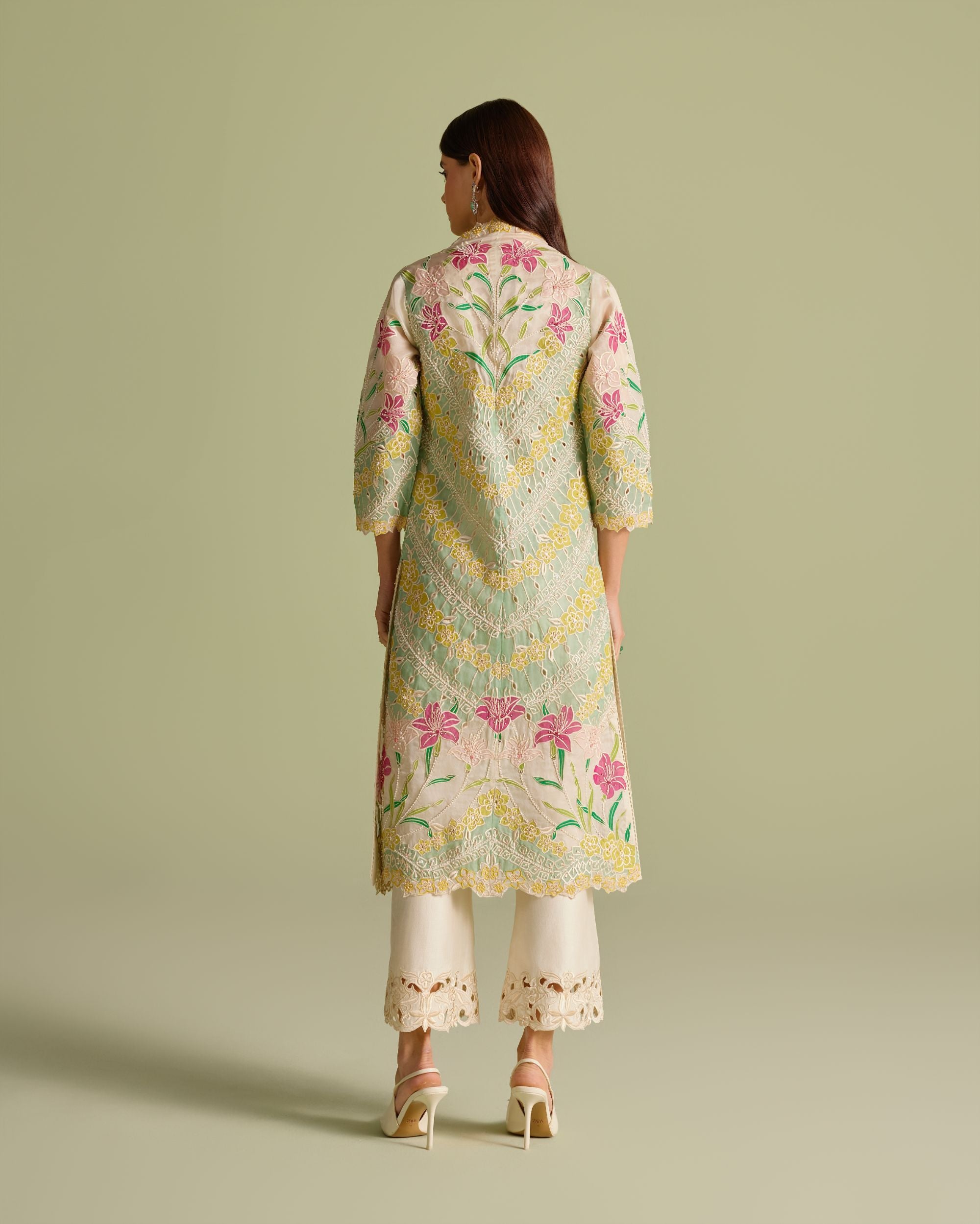 Ivory & Aqua Applique Long Jacket