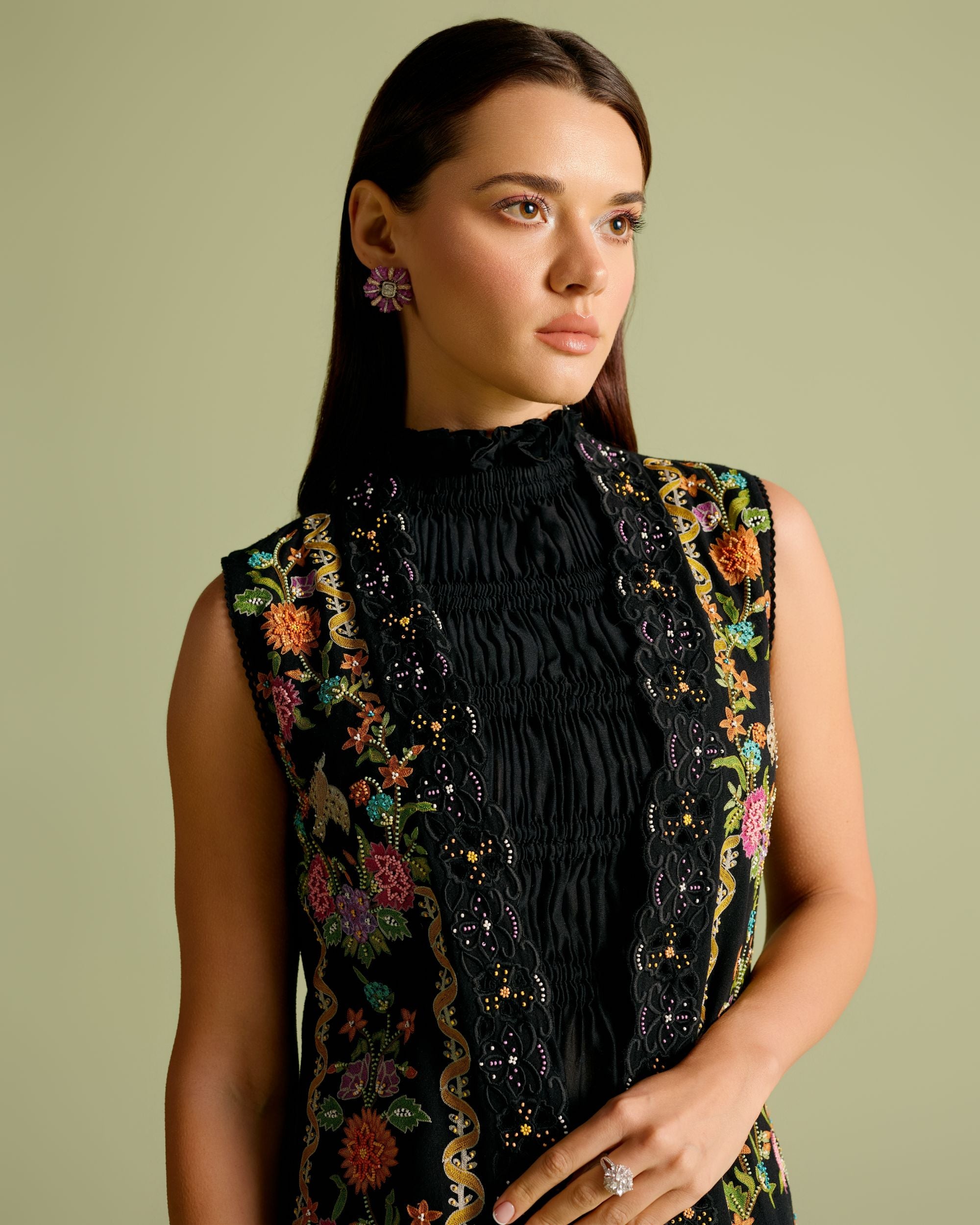 Black Floral Embroidered Long Jacket