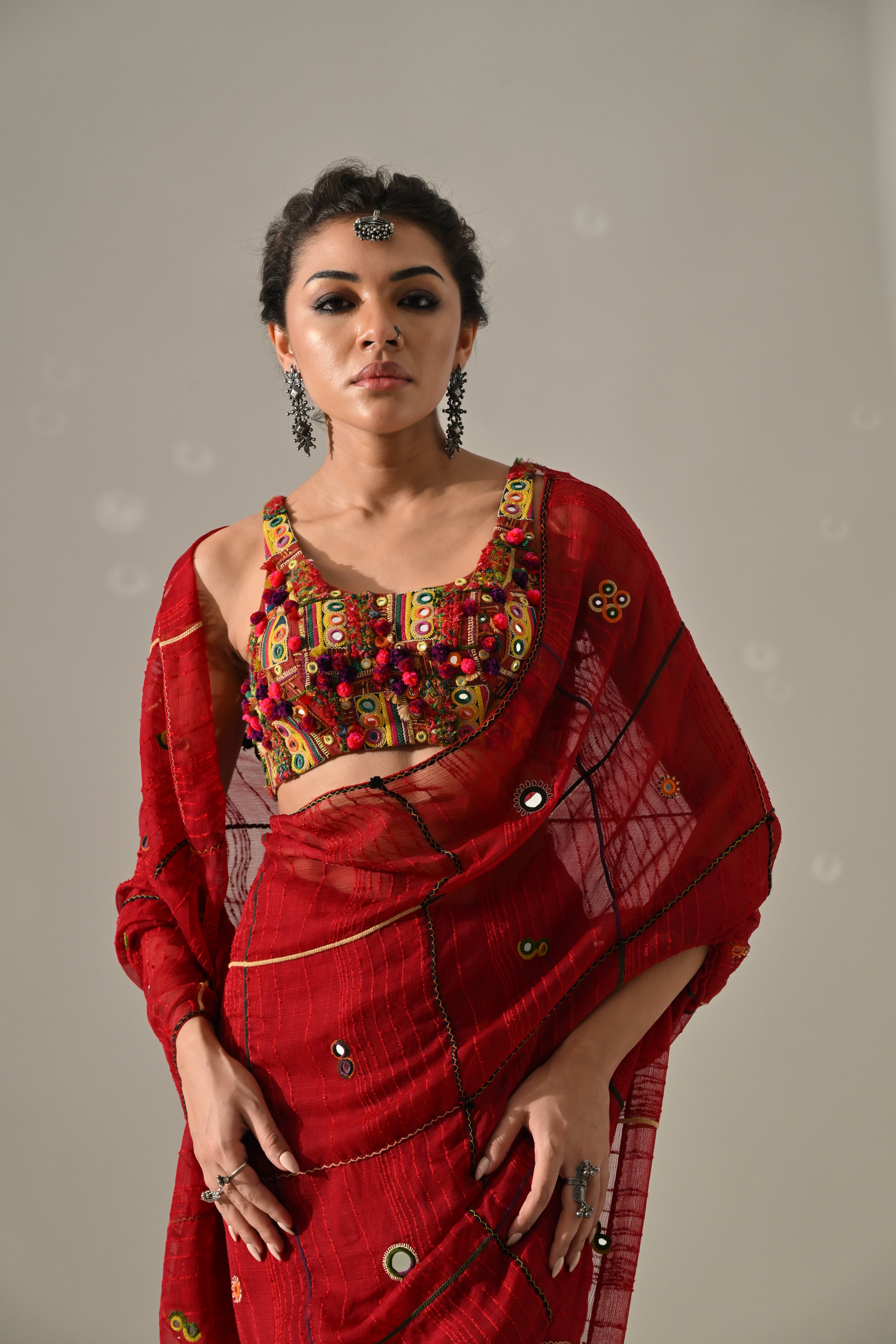 Red Mirror Work Hand Embroidered Saree Set