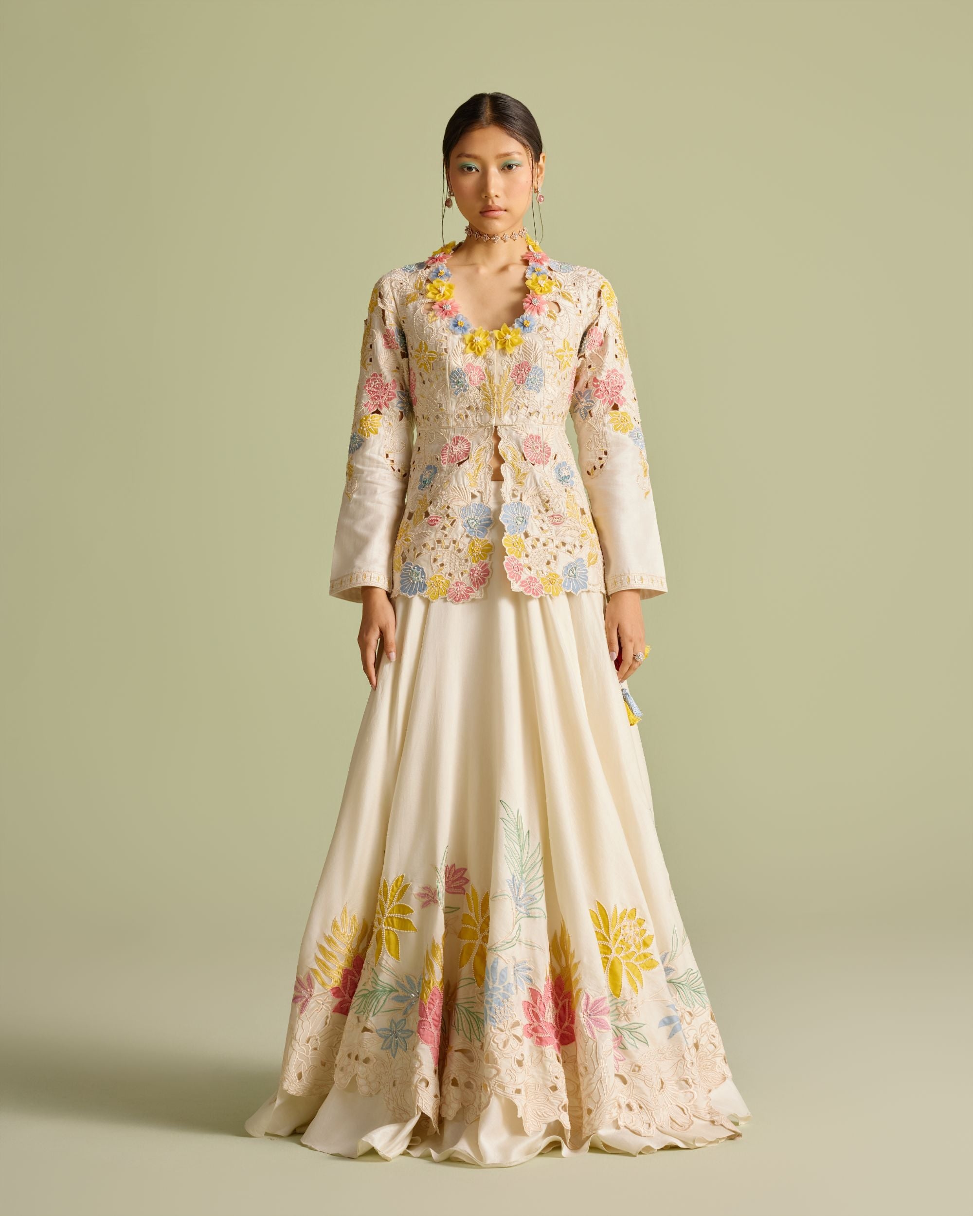 Ivory Pastel Embroiered Peplum Jacket