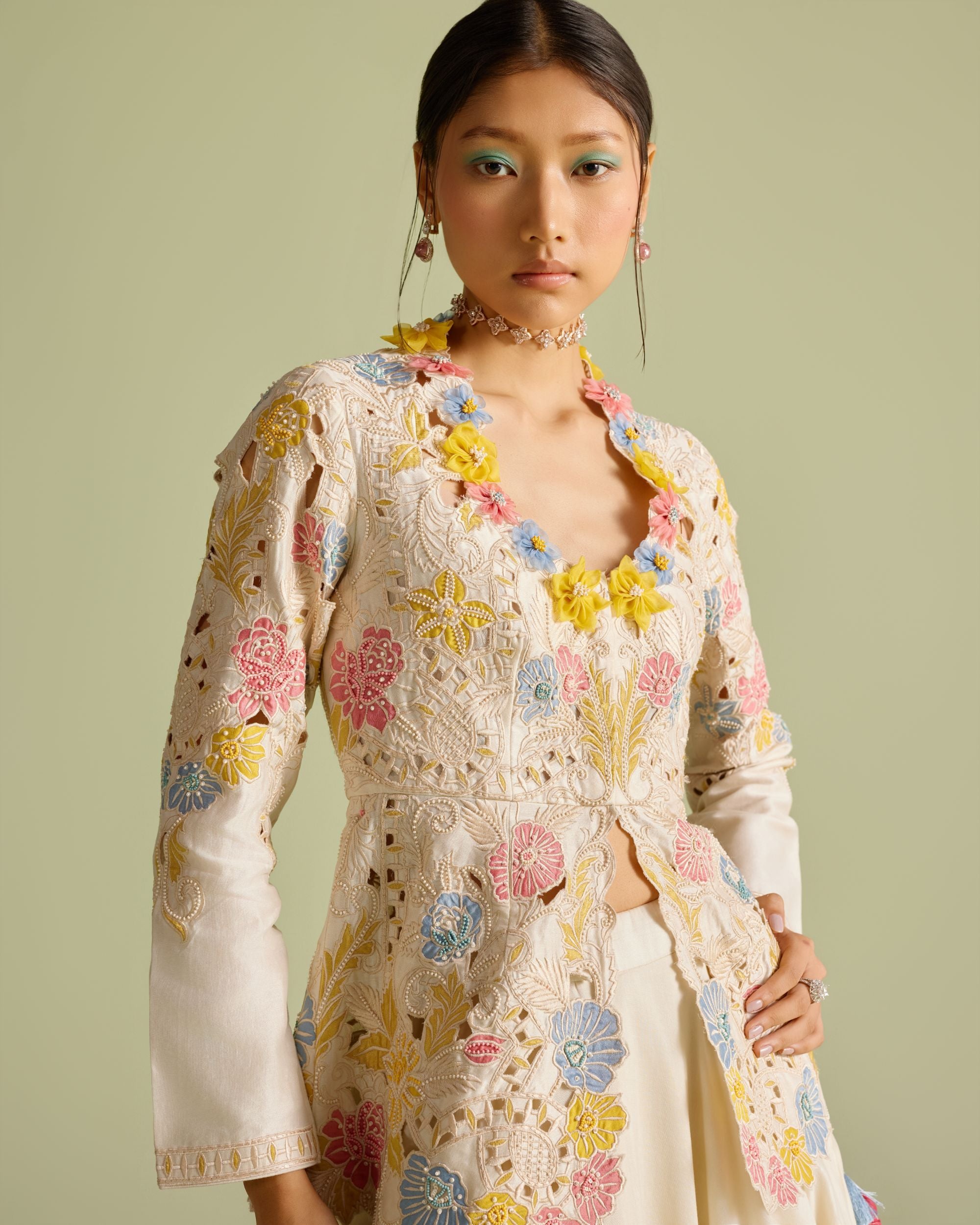 Ivory Pastel Embroiered Peplum Jacket