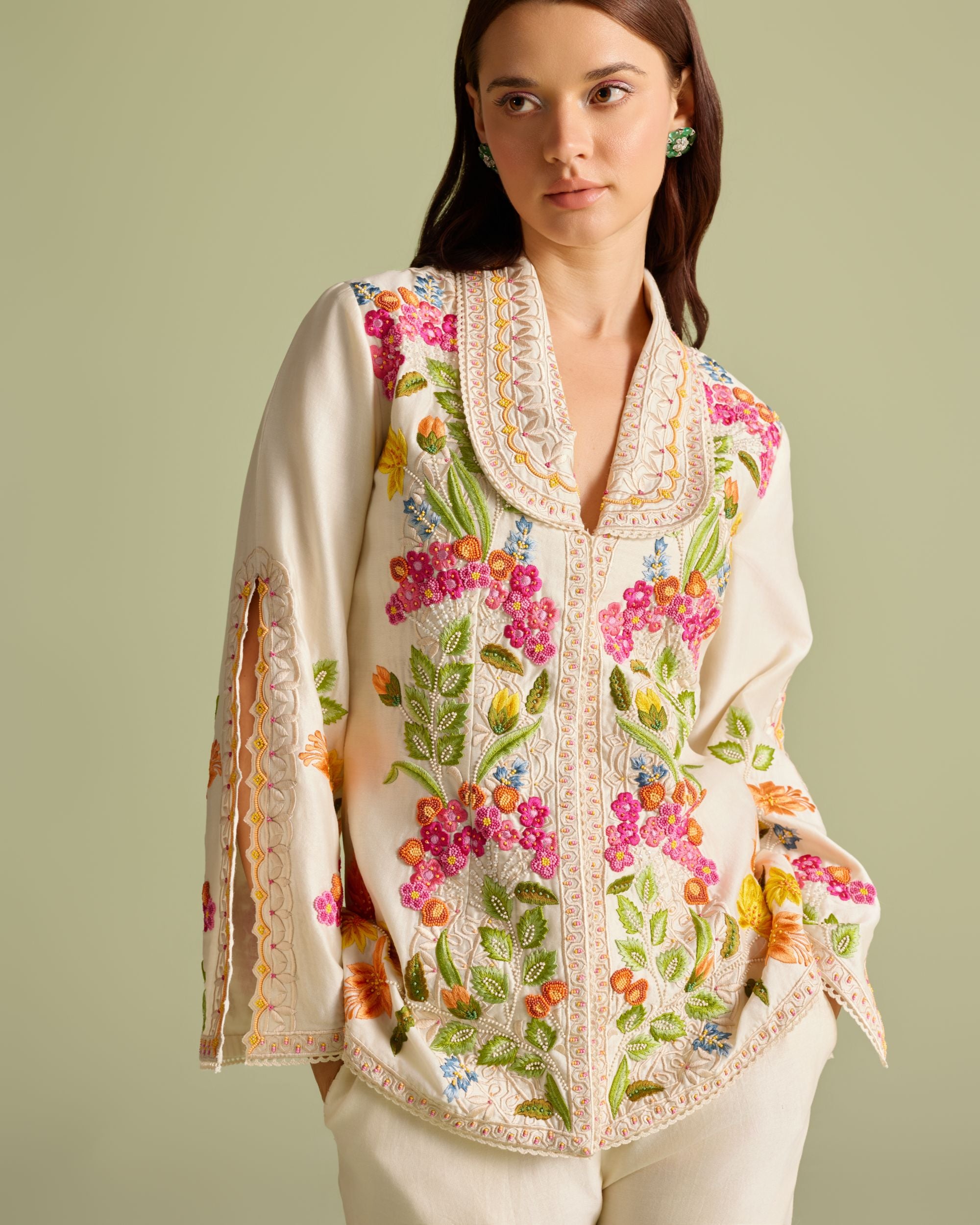 Ivory Floral Threadwork And Beadwork Flared Jacket