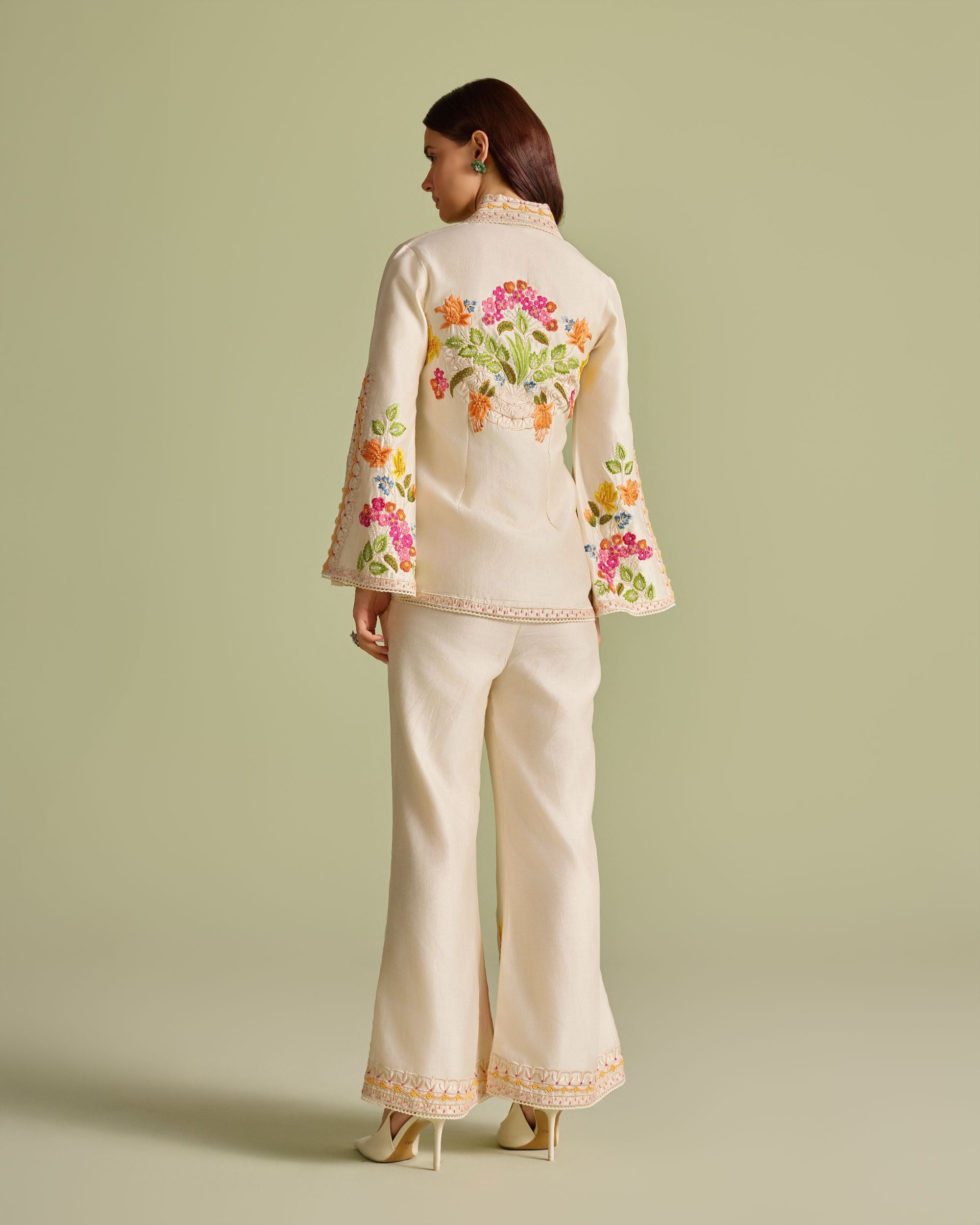 Ivory Floral Threadwork And Beadwork Flared Jacket