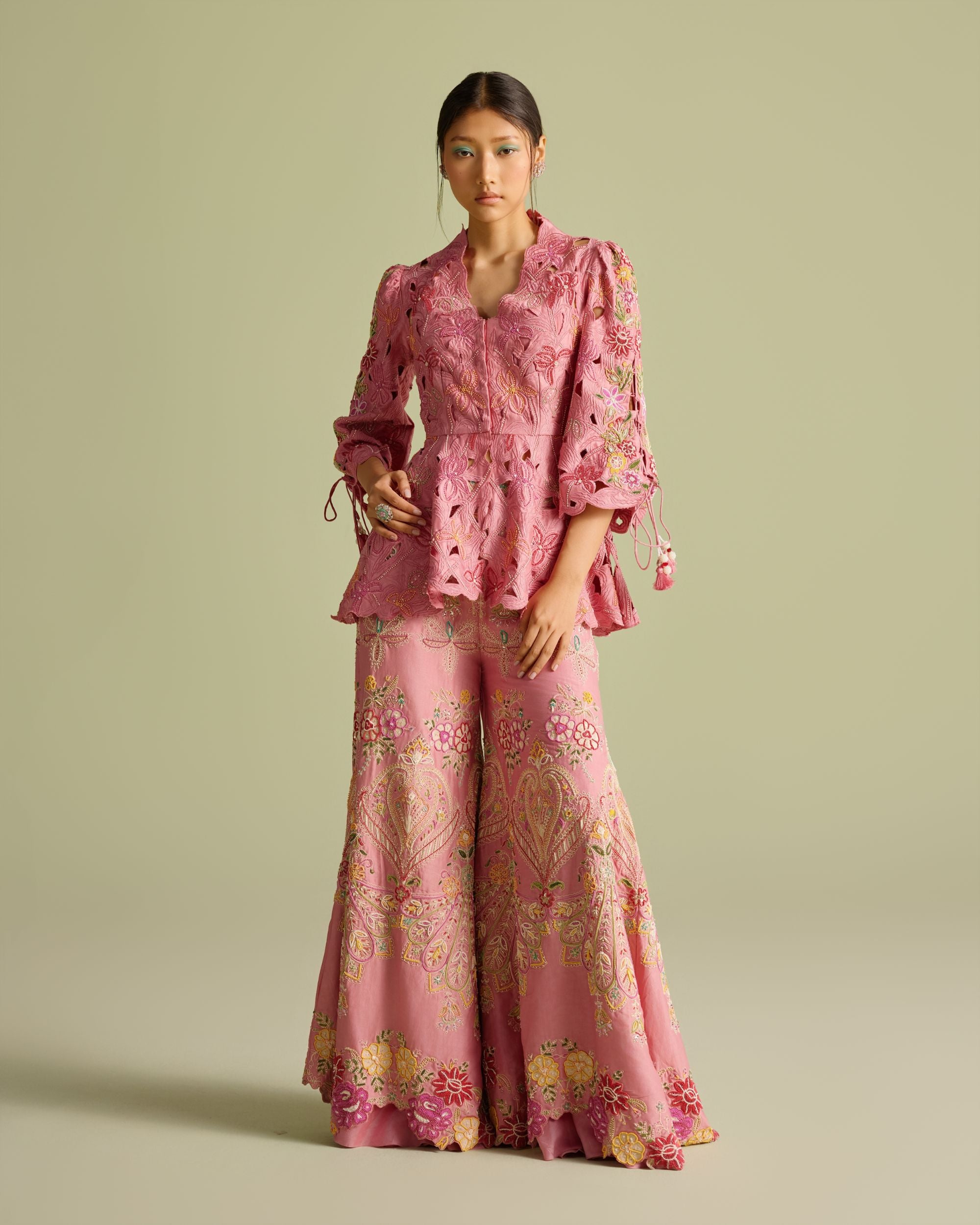 Pink Cutwork Peplum Jacket