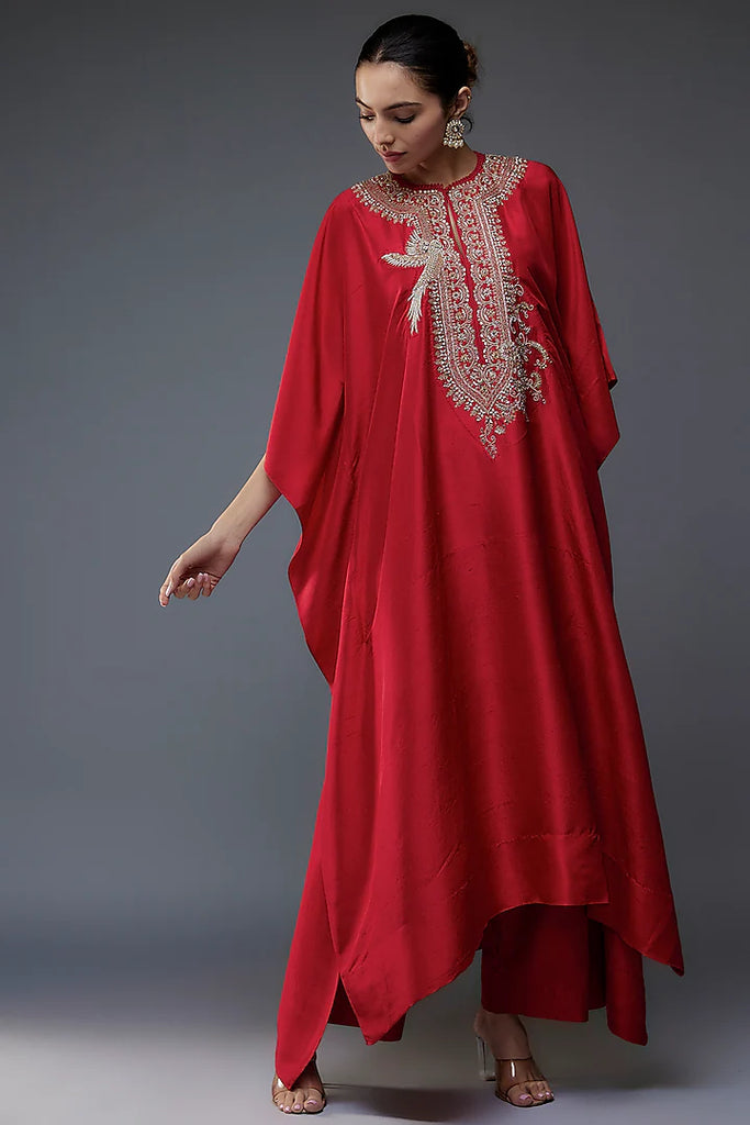 Red Silk Zari Embroidered Kaftan Set