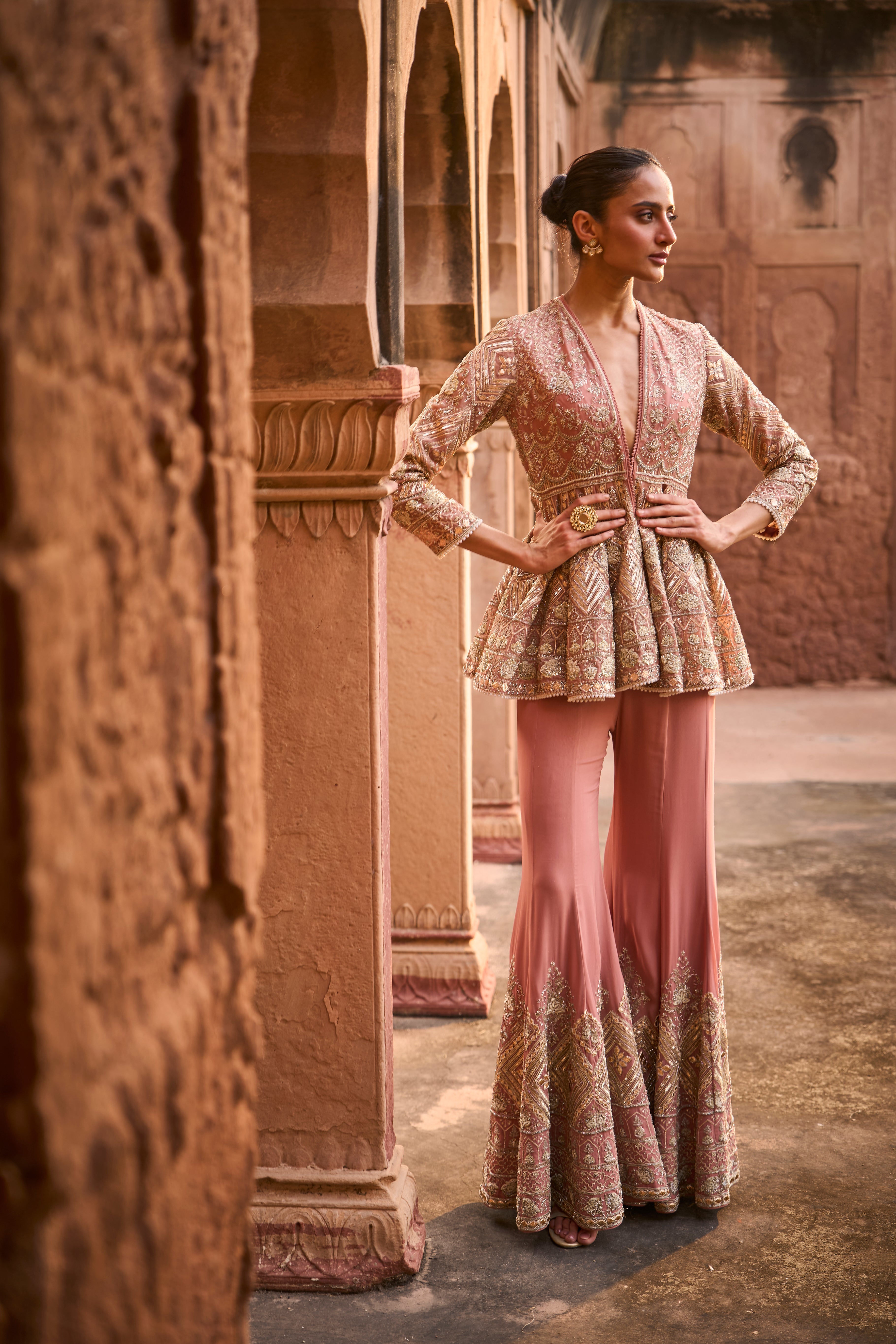 EMROIDERED PEPLUM WITH SHARARA AND DUPATTA