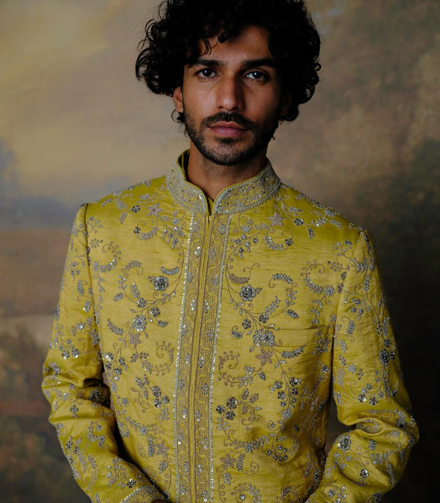 Mustard Embroidered Sherwani Set