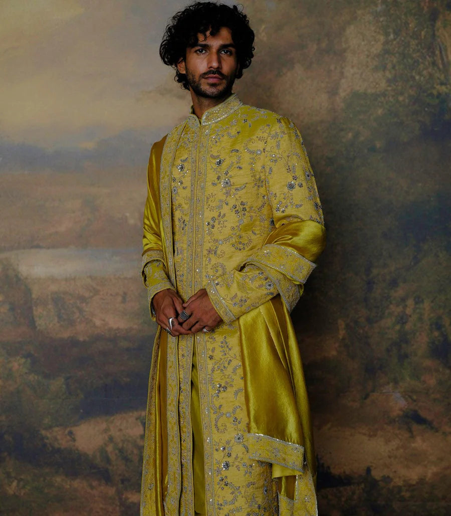 Mustard Embroidered Sherwani Set