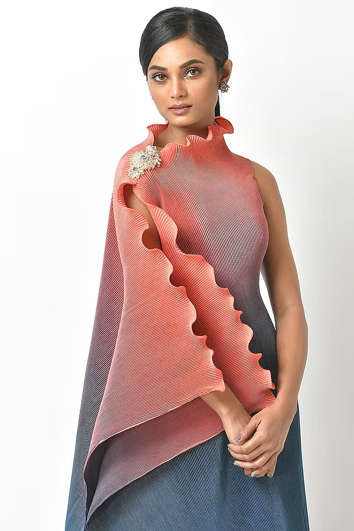 Coral Into Navy Blue Ombre Drape Dress