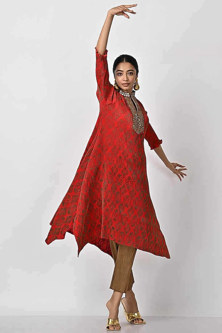 Red Printed & Embroidered Kaftan