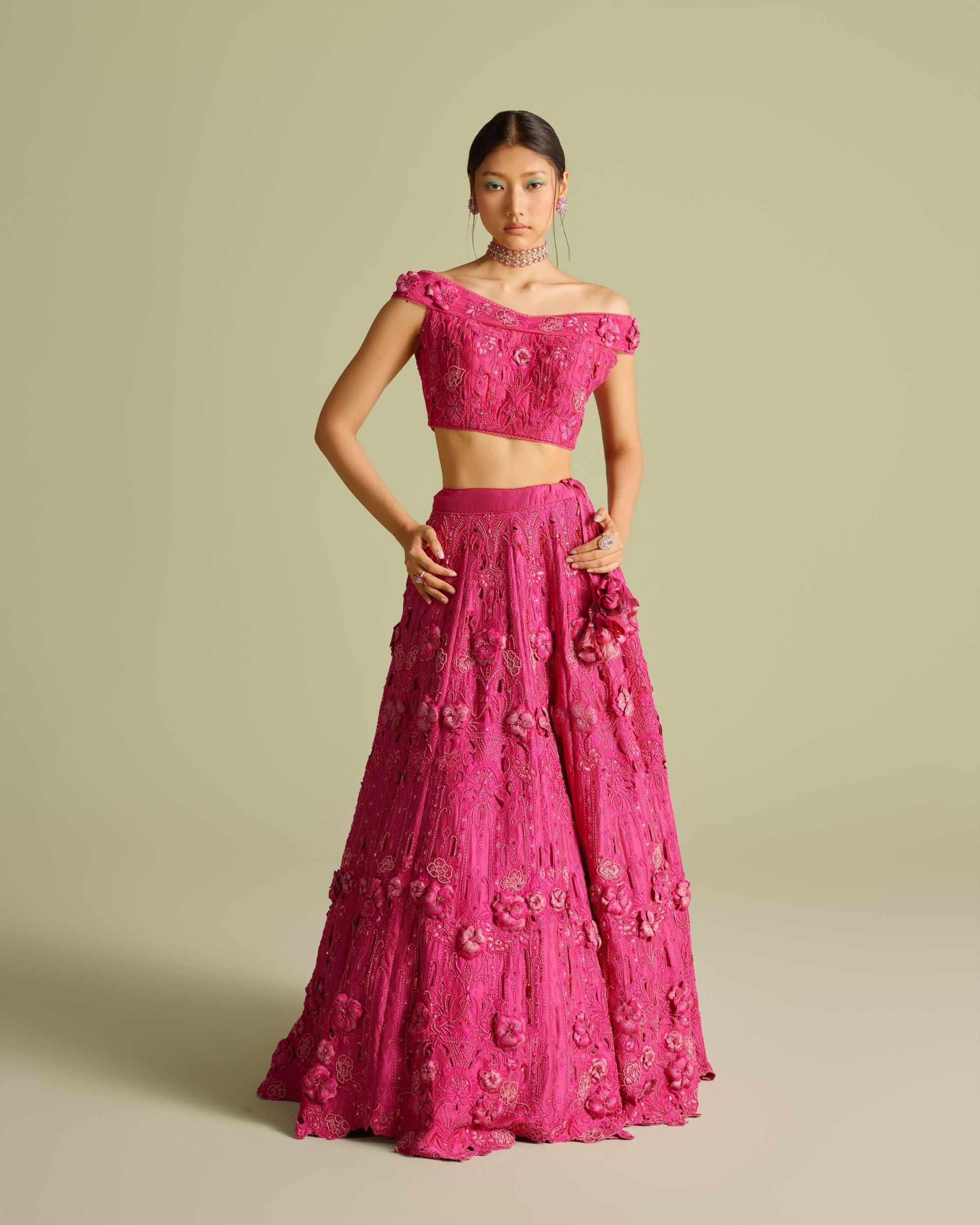Fuchsia Cutwork And 3D Applique Lehenga