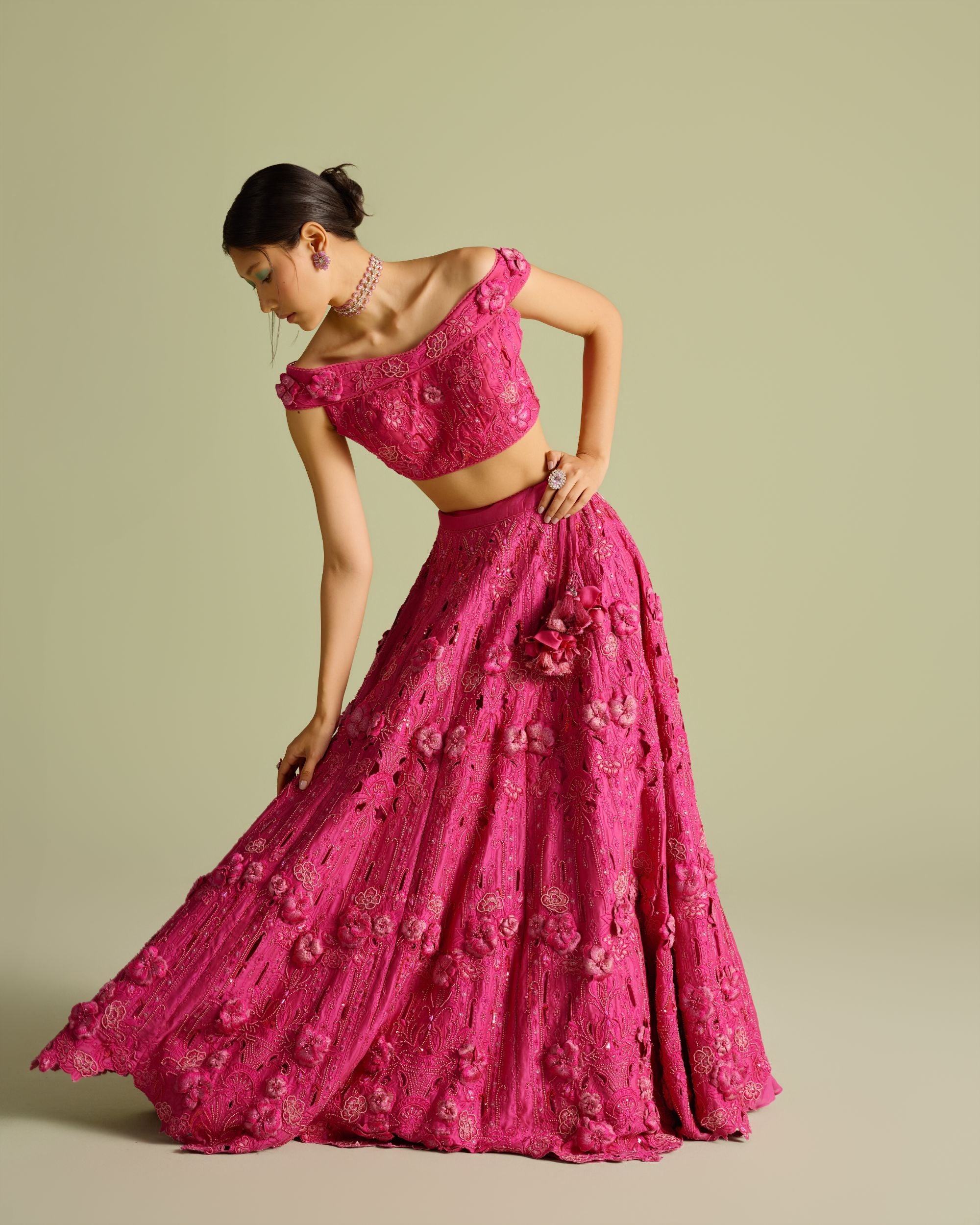 Fuchsia Cutwork And 3D Applique Lehenga