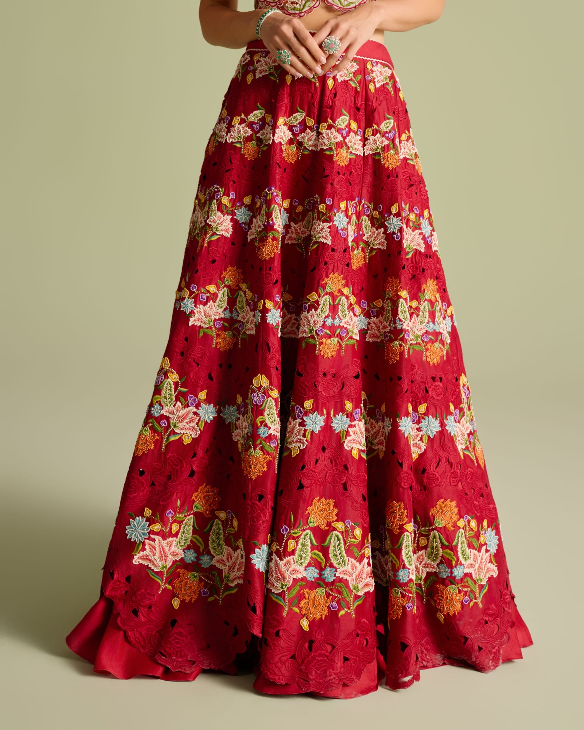 Red Floral Scallop Embroidered Lehenga